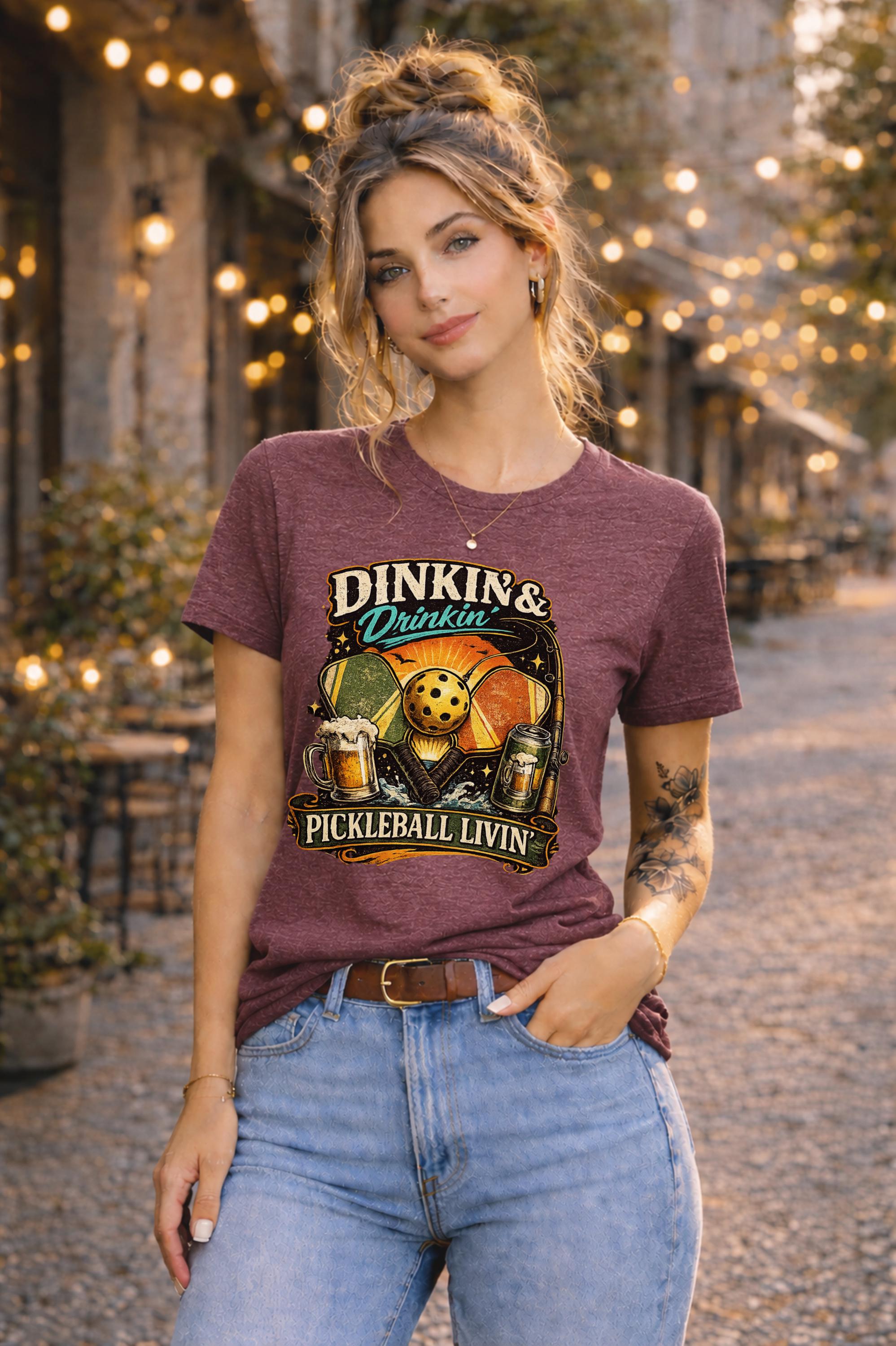 Woman wearing a Dinkin & Drinkin Pickleball Livin graphic t-shirt featuring retro paddles, pickleball artwork, beer mugs, and vintage sunset design in an outdoor café setting with string lights.
