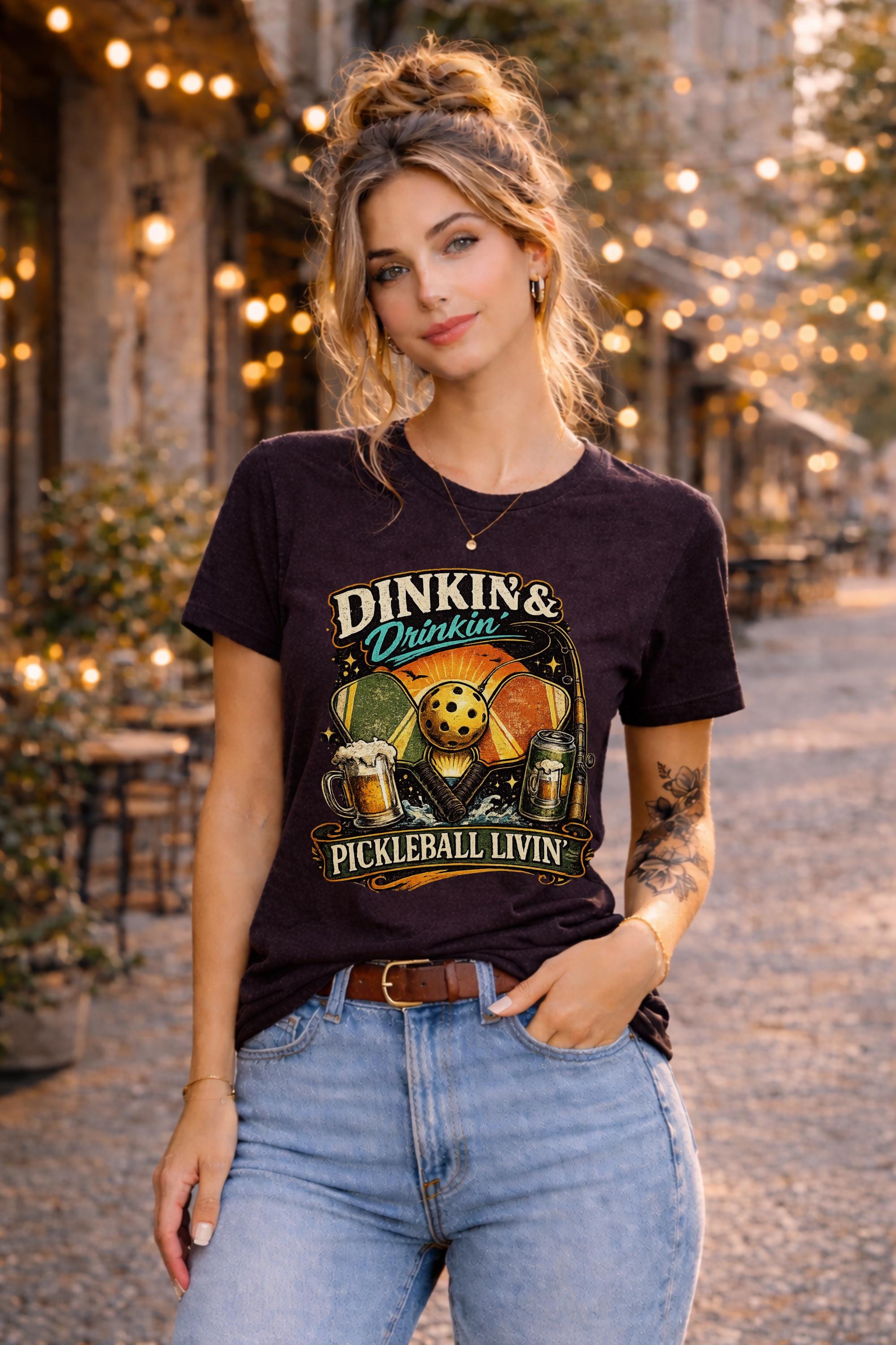 Woman wearing a Dinkin & Drinkin Pickleball Livin graphic t-shirt featuring retro paddles, pickleball artwork, beer mugs, and vintage sunset design in an outdoor café setting with string lights.