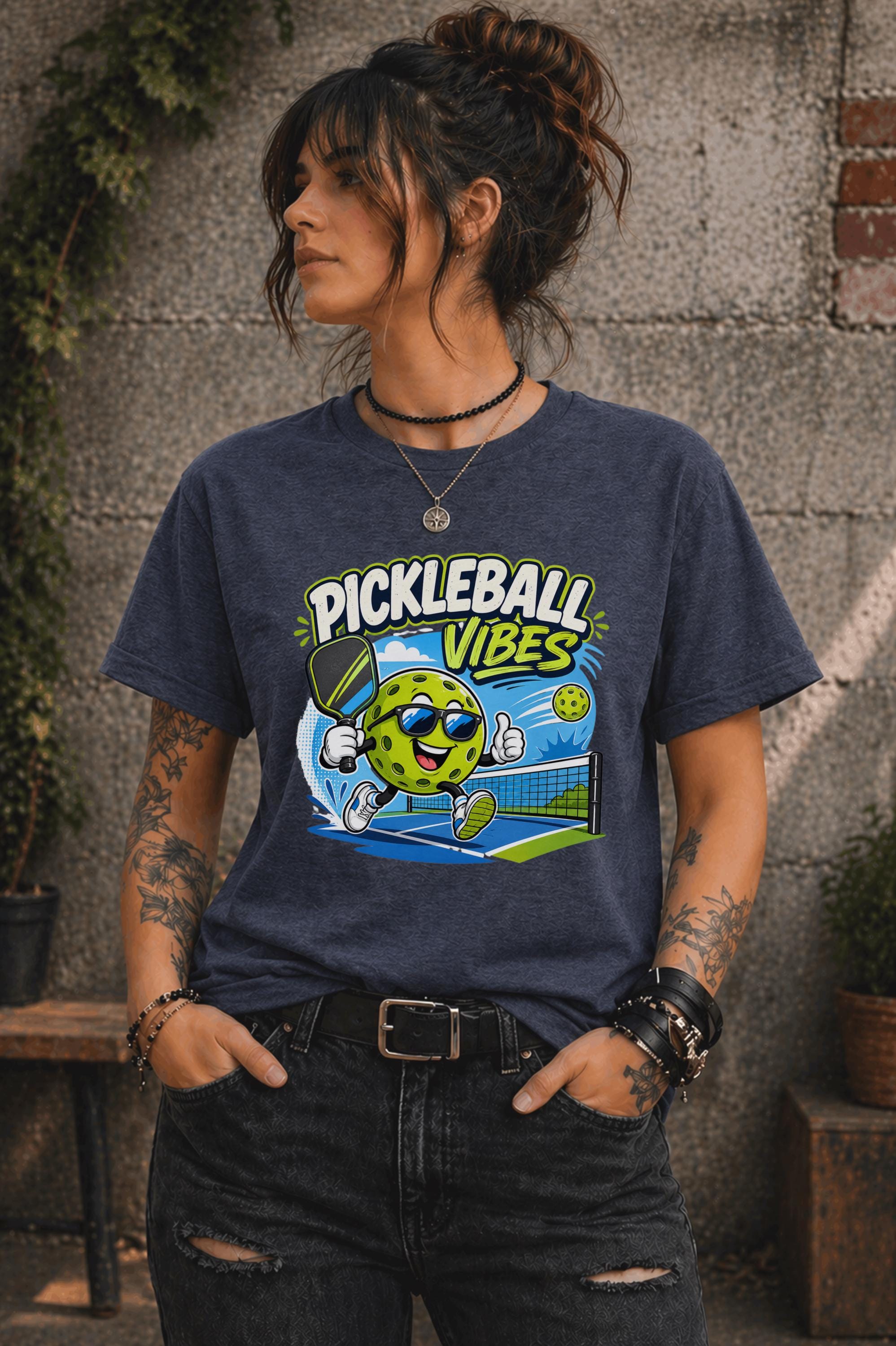 Woman wearing a Pickleball Vibes graphic t-shirt featuring a smiling pickleball character with sunglasses, paddle artwork, and colorful court-themed design.