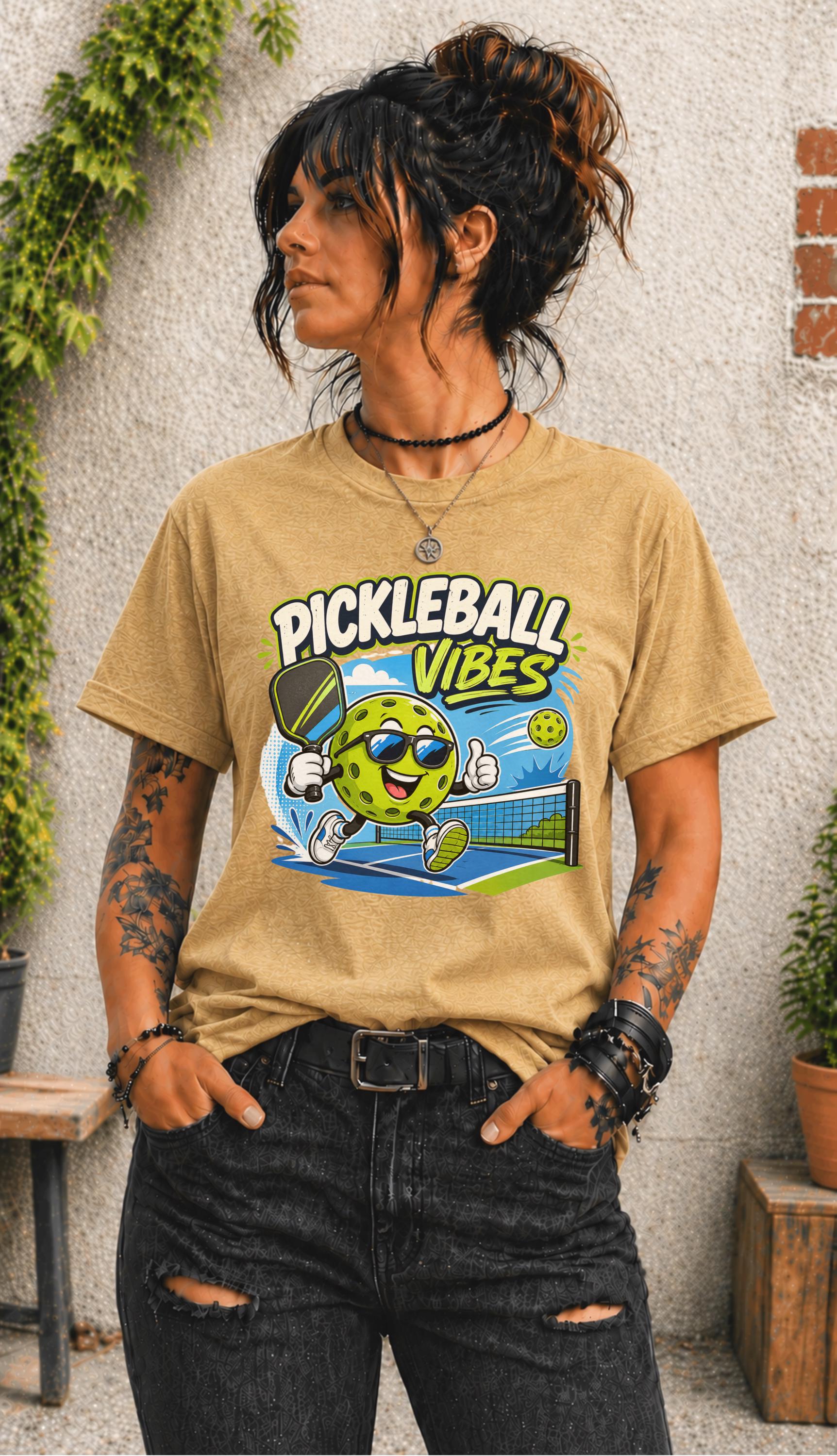 Woman wearing a Pickleball Vibes graphic t-shirt featuring a smiling pickleball character with sunglasses, paddle artwork, and colorful court-themed design.