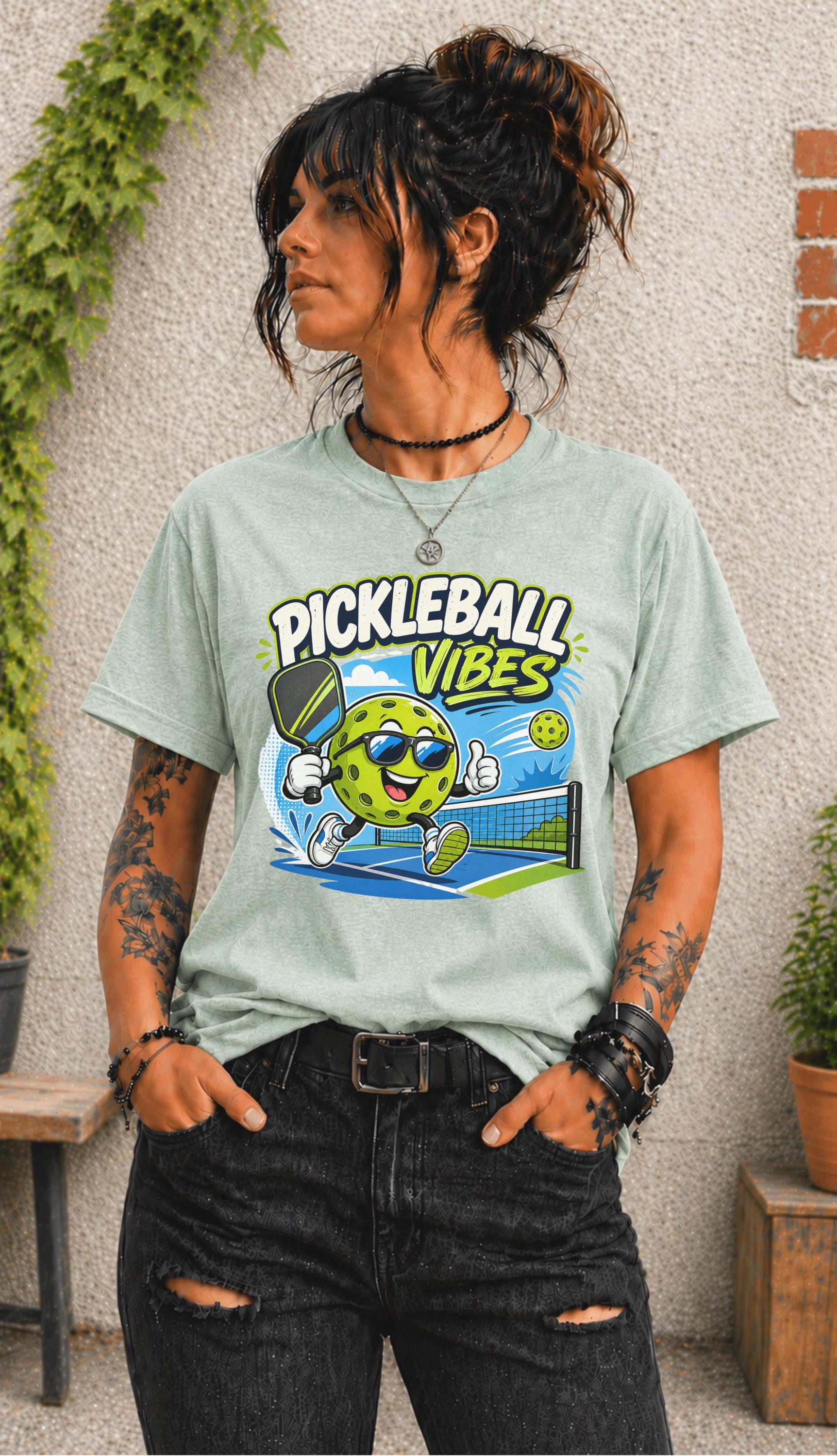 Woman wearing a Pickleball Vibes graphic t-shirt featuring a smiling pickleball character with sunglasses, paddle artwork, and colorful court-themed design.