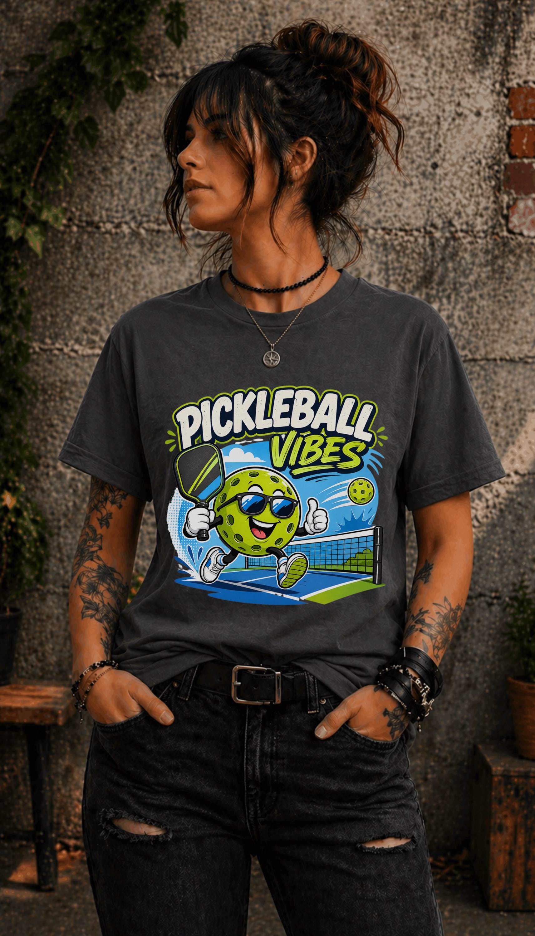 Woman wearing a Pickleball Vibes graphic t-shirt featuring a smiling pickleball character with sunglasses, paddle artwork, and colorful court-themed design.