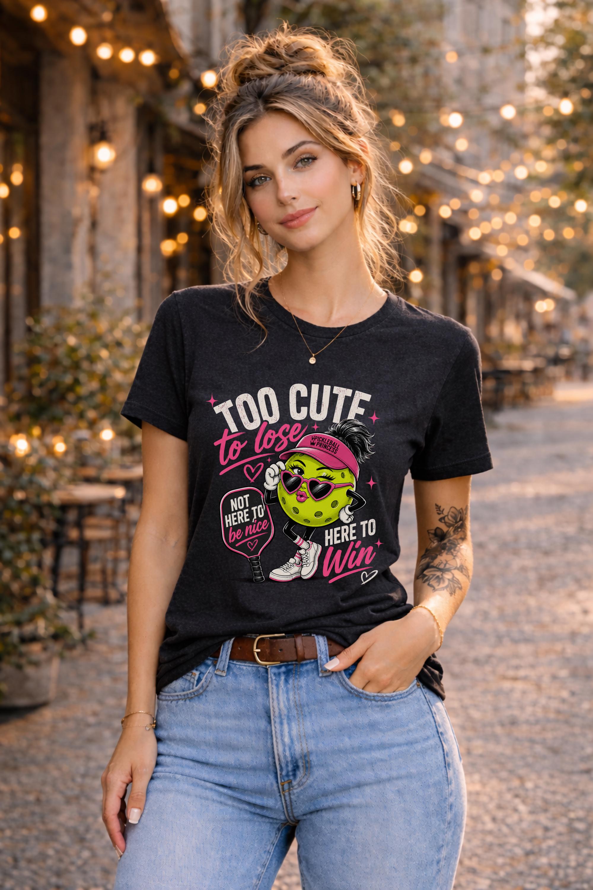 Woman wearing a Too Cute To Lose pickleball graphic t-shirt featuring a stylish pickleball character with heart sunglasses, pink visor, paddle artwork, and playful court-inspired design.