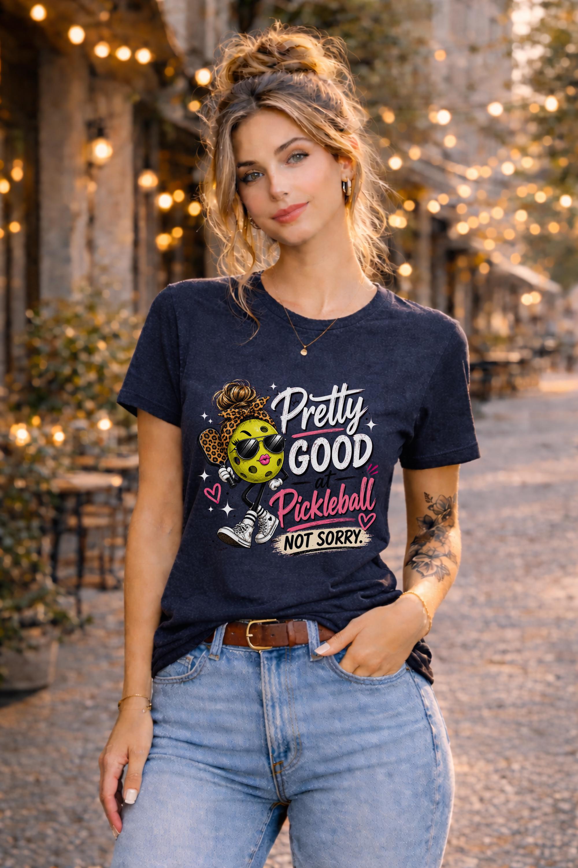 Woman wearing a pickleball graphic t-shirt featuring a stylish pickleball character with sunglasses, leopard-print bow, and the phrase "Pretty Good At Pickleball Not Sorry" in pink and white lettering.