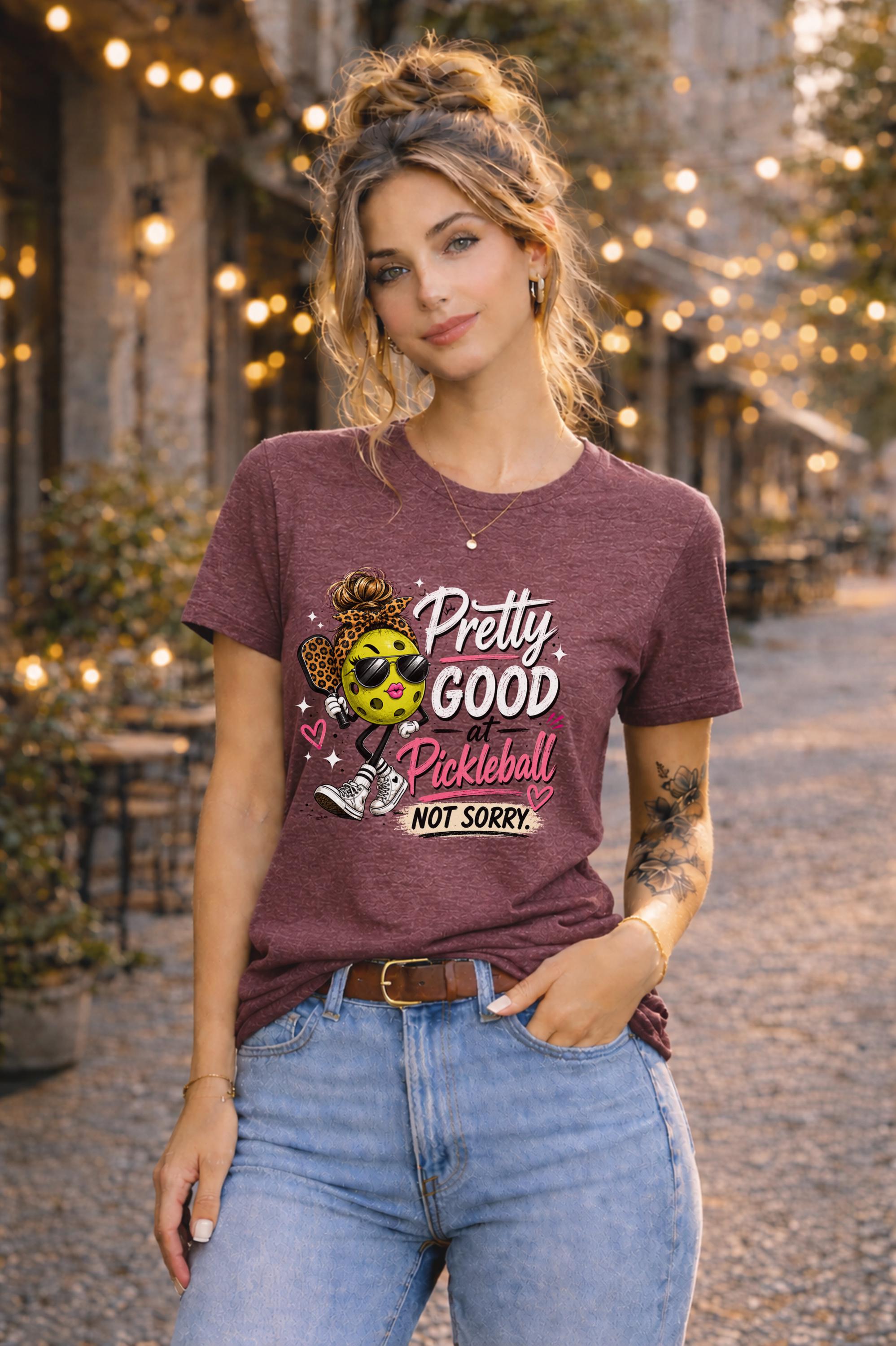 Woman wearing a pickleball graphic t-shirt featuring a stylish pickleball character with sunglasses, leopard-print bow, and the phrase "Pretty Good At Pickleball Not Sorry" in pink and white lettering.