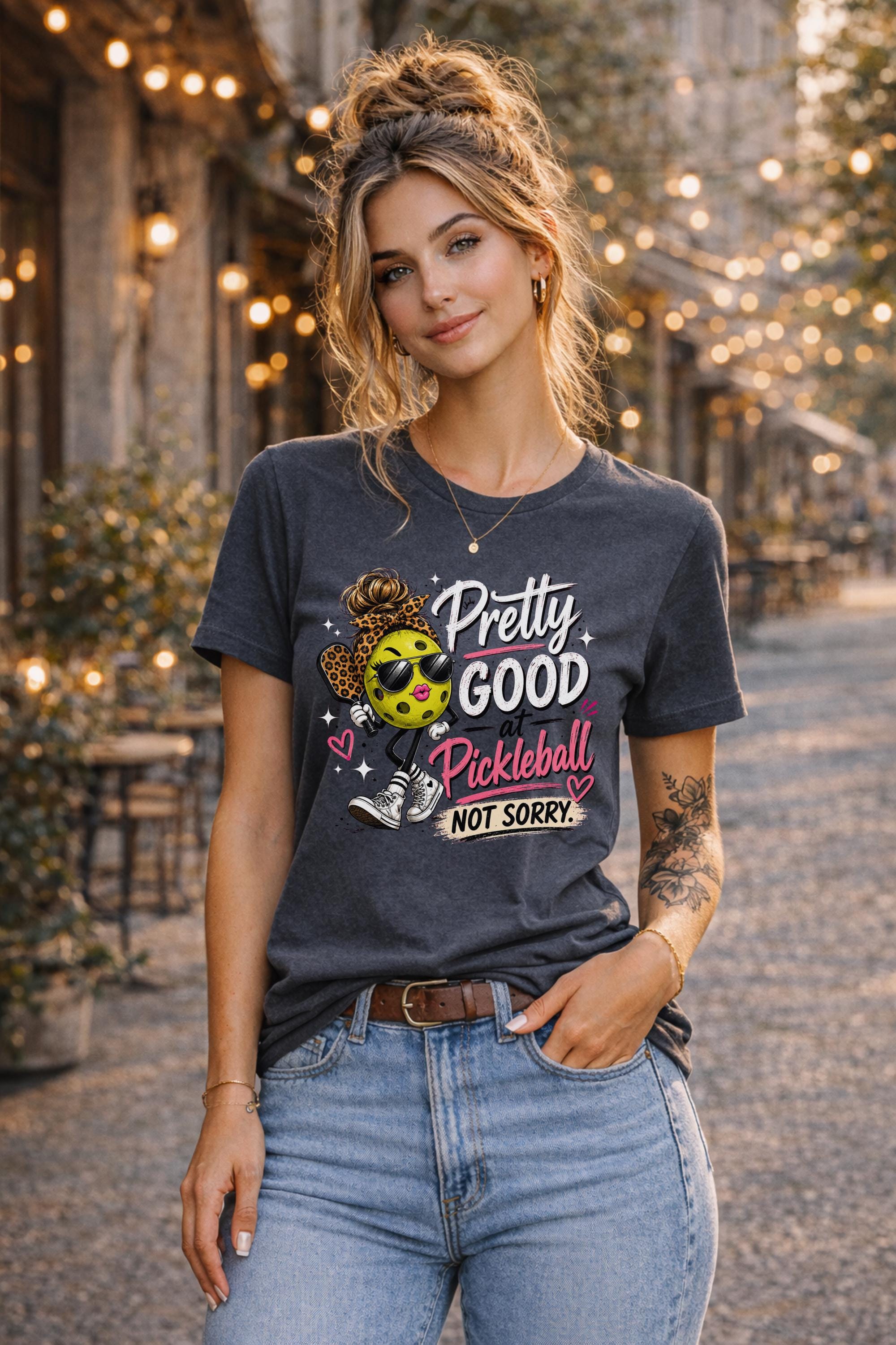 Woman wearing a pickleball graphic t-shirt featuring a stylish pickleball character with sunglasses, leopard-print bow, and the phrase "Pretty Good At Pickleball Not Sorry" in pink and white lettering.