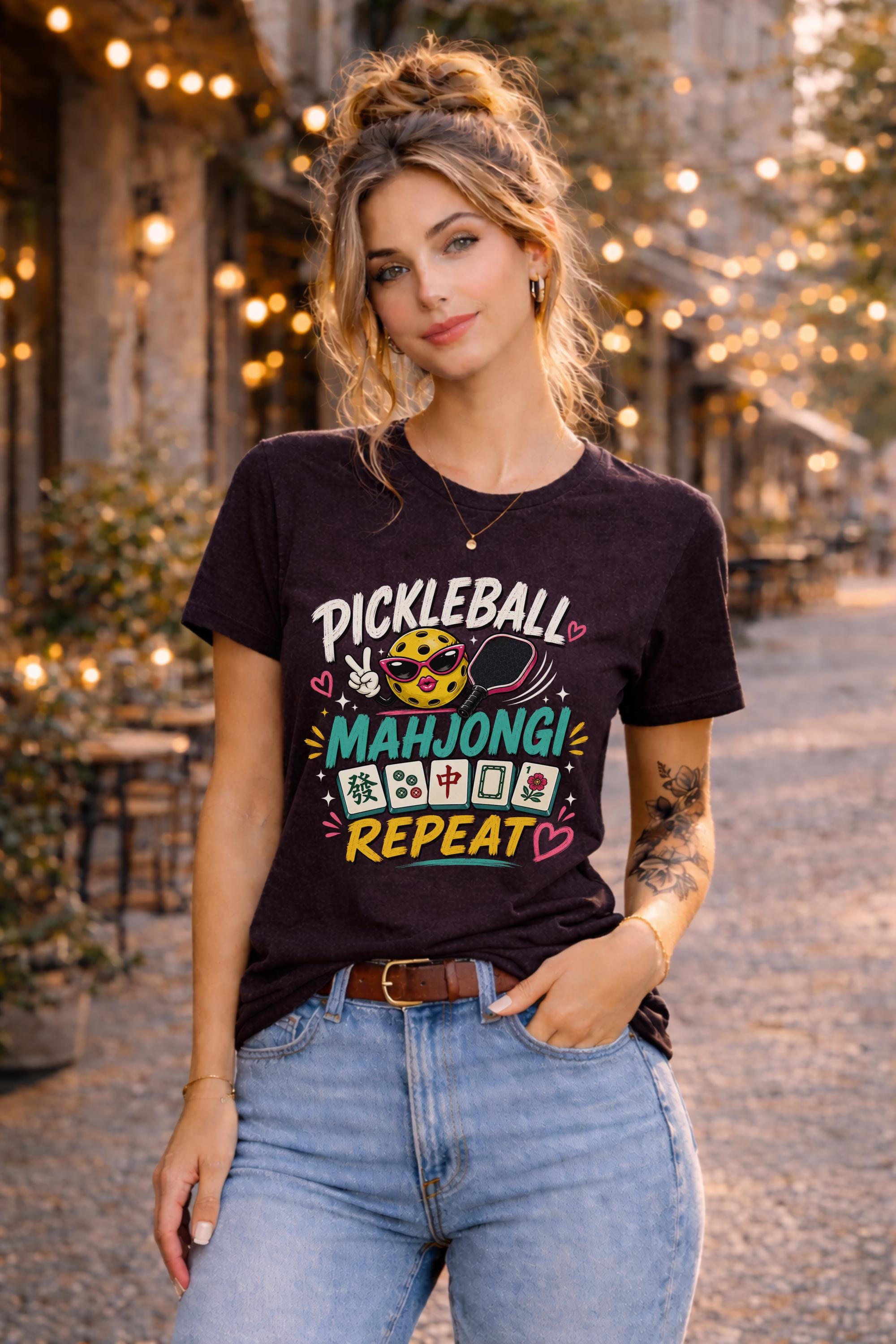 Woman wearing a graphic t-shirt featuring a colorful "Pickleball Mahjong Repeat" design with pickleball character, mahjong tiles, hearts, and retro-inspired artwork.