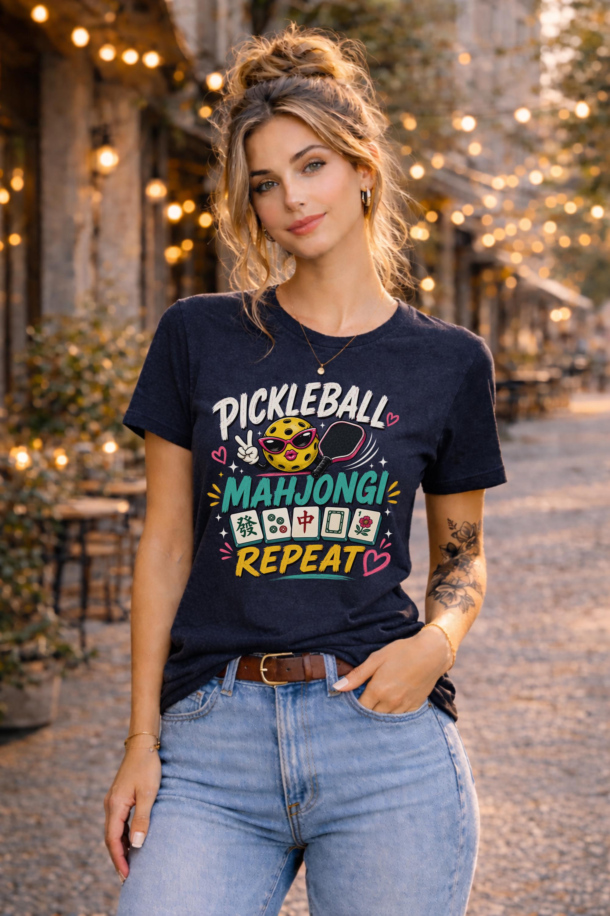 Woman wearing a graphic t-shirt featuring a colorful "Pickleball Mahjong Repeat" design with pickleball character, mahjong tiles, hearts, and retro-inspired artwork.