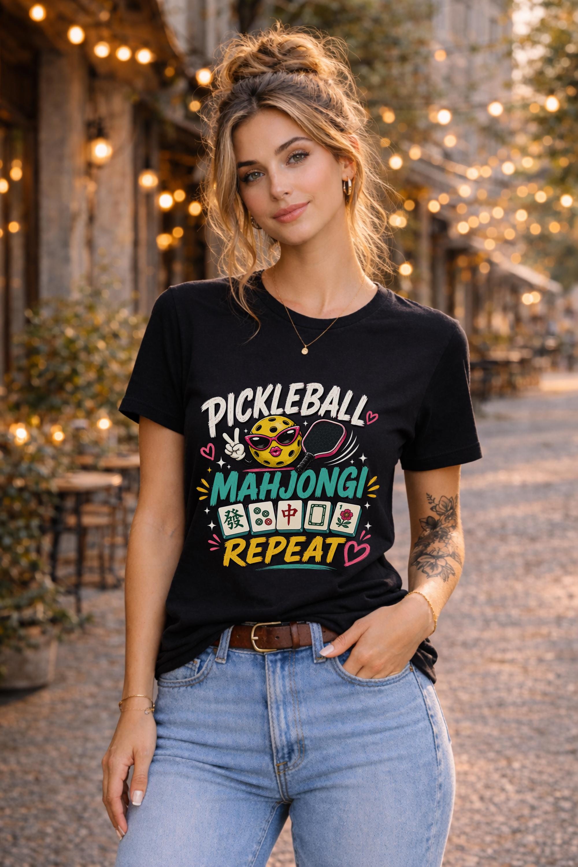 Woman wearing a black graphic t-shirt featuring a colorful "Pickleball Mahjong Repeat" design with pickleball character, mahjong tiles, hearts, and retro-inspired artwork.