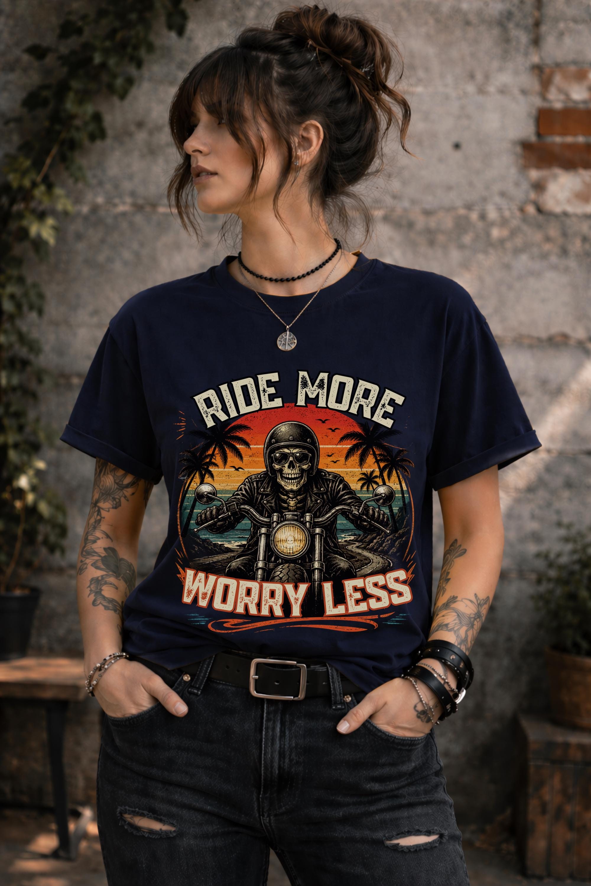 ride more worry less shirt, motorcycle rider tee, biker skull graphic, vintage biker shirt, motorcycle gift, road trip apparel, harley rider top, freedom rider tee, biker lifestyle shirt, retro motorcycle design, skull biker graphic, rider gift idea, comfort colors biker tee