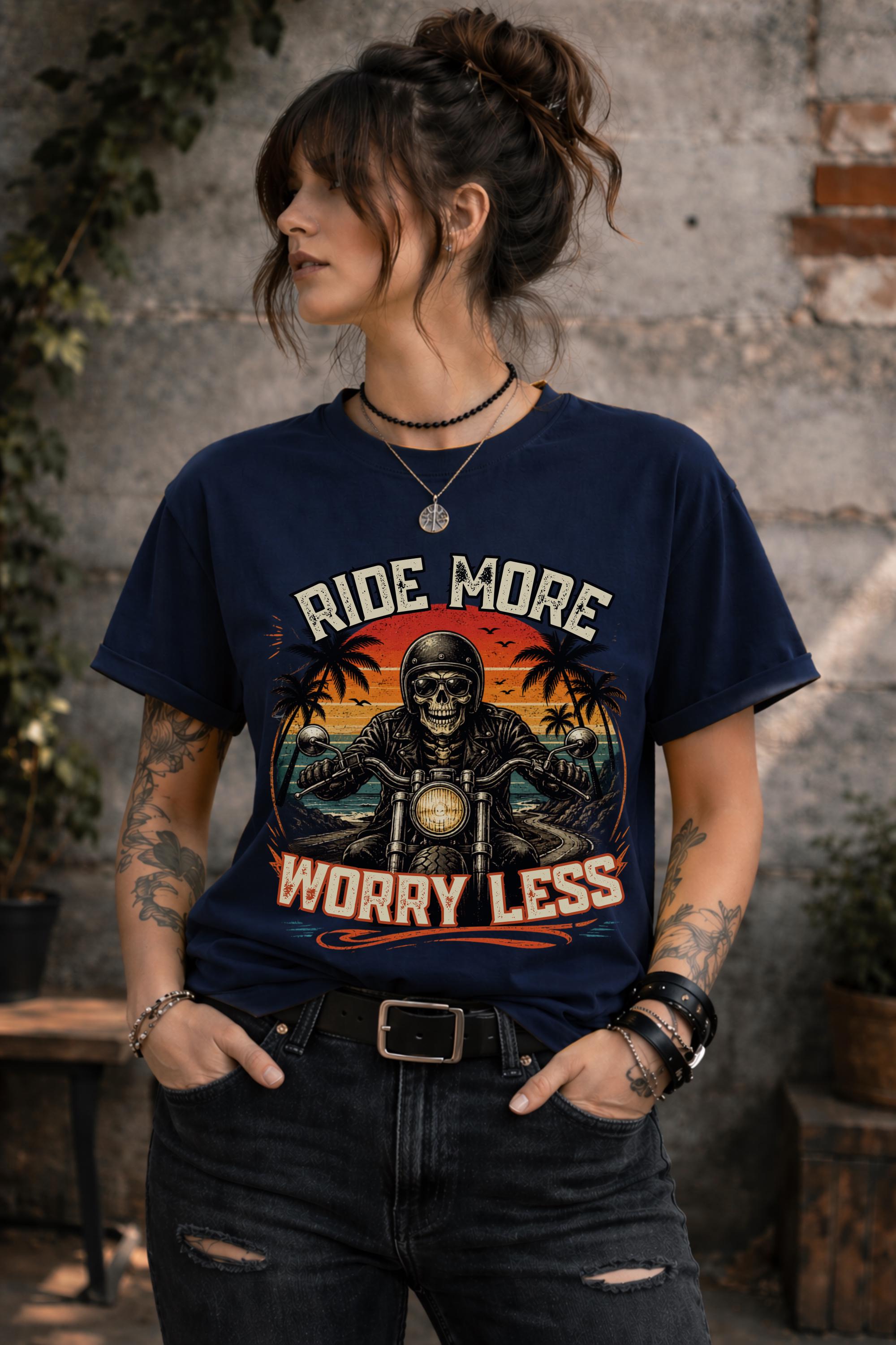 ride more worry less shirt, motorcycle rider tee, biker skull graphic, vintage biker shirt, motorcycle gift, road trip apparel, harley rider top, freedom rider tee, biker lifestyle shirt, retro motorcycle design, skull biker graphic, rider gift idea, comfort colors biker tee