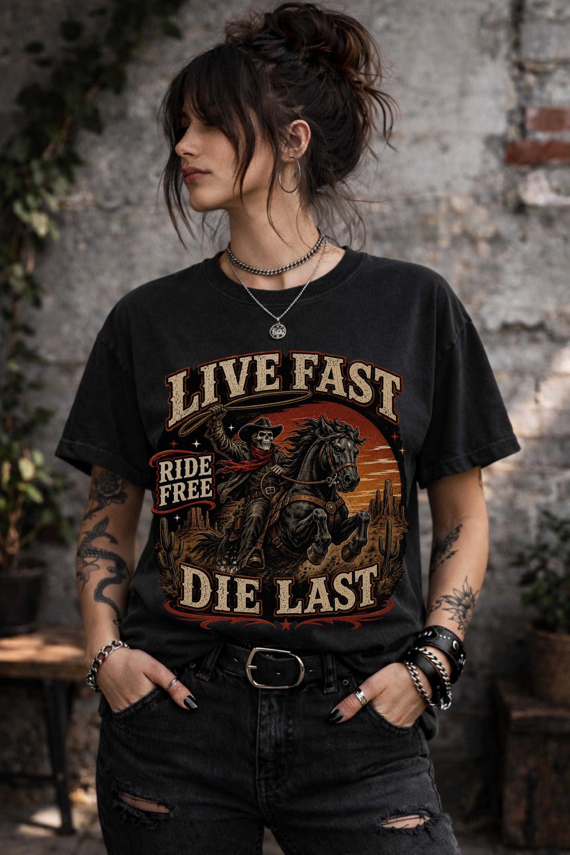 live fast die last shirt, skeleton cowboy tee, western rider shirt, outlaw graphic tee, cowboy skull design, rodeo apparel, country music shirt, horse lover gift, western fashion top, desert sunset graphic, ranch lifestyle tee, vintage outlaw shirt, comfort colors western tee