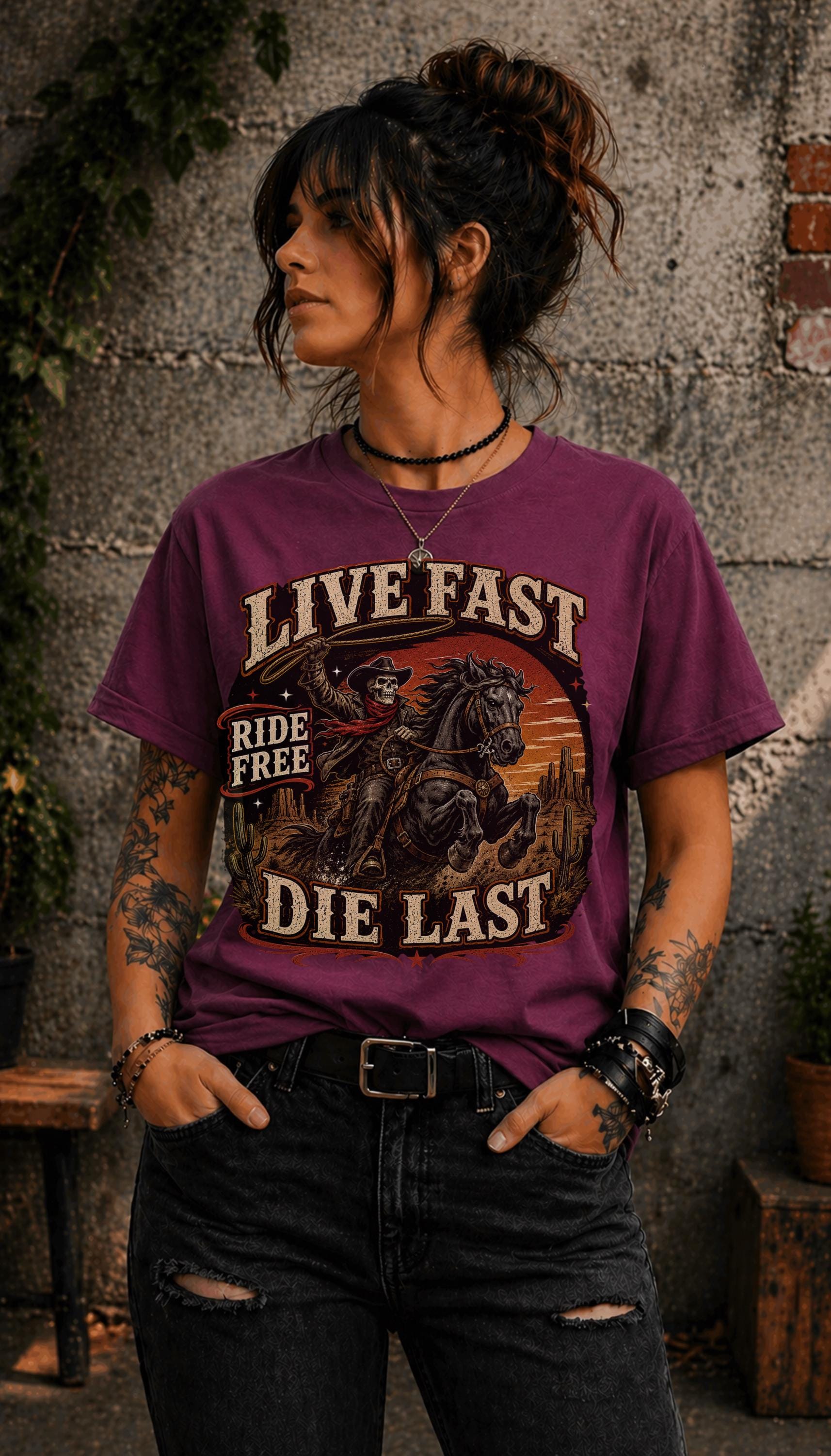 live fast die last shirt, skeleton cowboy tee, western rider shirt, outlaw graphic tee, cowboy skull design, rodeo apparel, country music shirt, horse lover gift, western fashion top, desert sunset graphic, ranch lifestyle tee, vintage outlaw shirt, comfort colors western tee