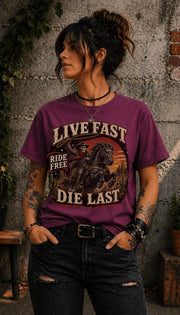 live fast die last shirt, skeleton cowboy tee, western rider shirt, outlaw graphic tee, cowboy skull design, rodeo apparel, country music shirt, horse lover gift, western fashion top, desert sunset graphic, ranch lifestyle tee, vintage outlaw shirt, comfort colors western tee