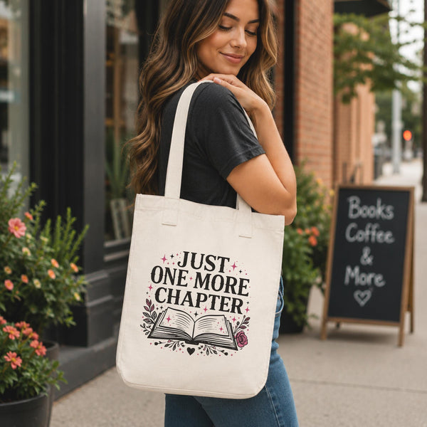 Just One More Chapter organic canvas tote bag with book lover design and pink sparkle accents