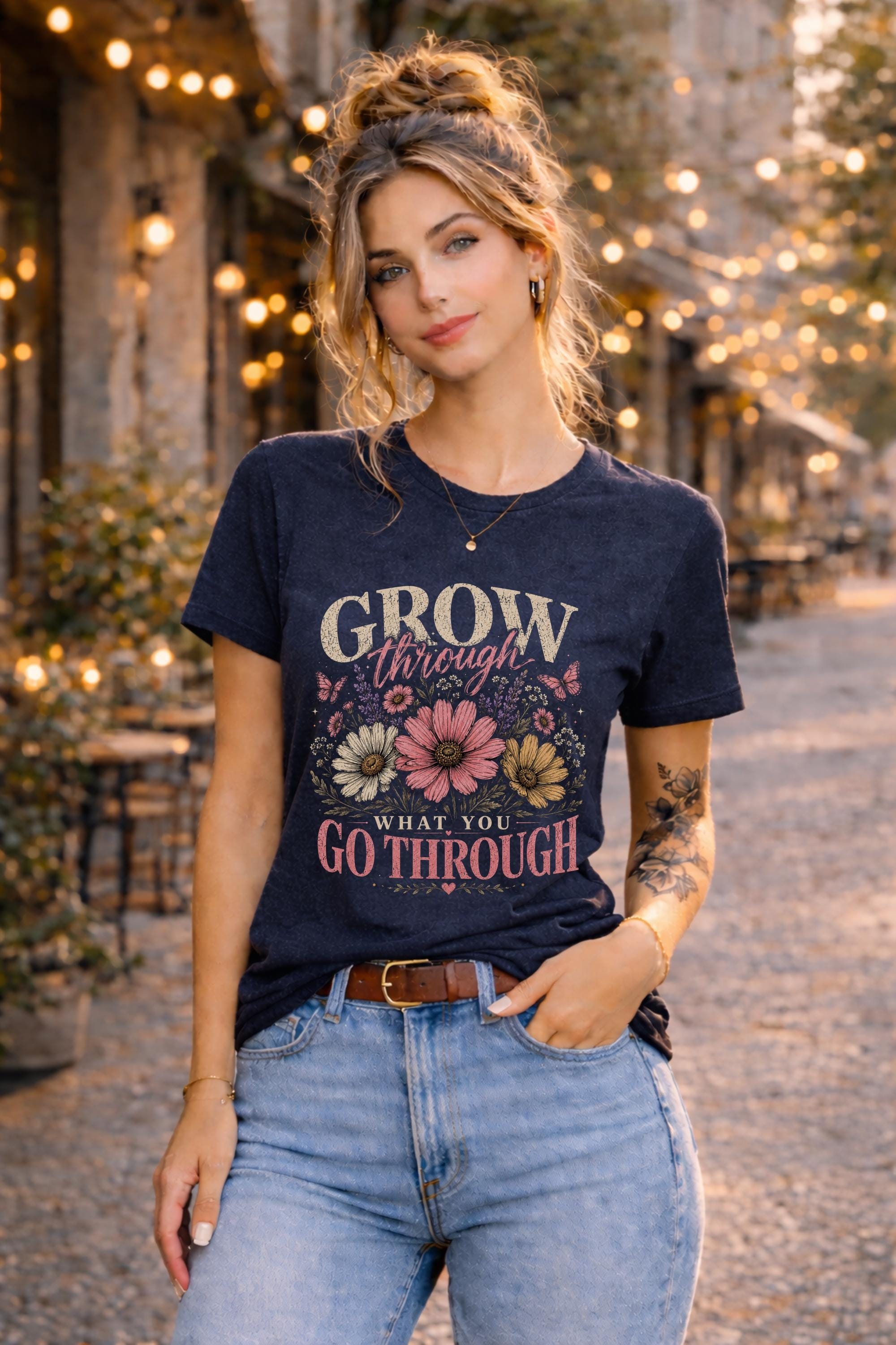 Woman wearing a floral inspirational t-shirt featuring the quote "Grow Through What You Go Through" with pink and cream flowers and butterflies in a soft vintage design.