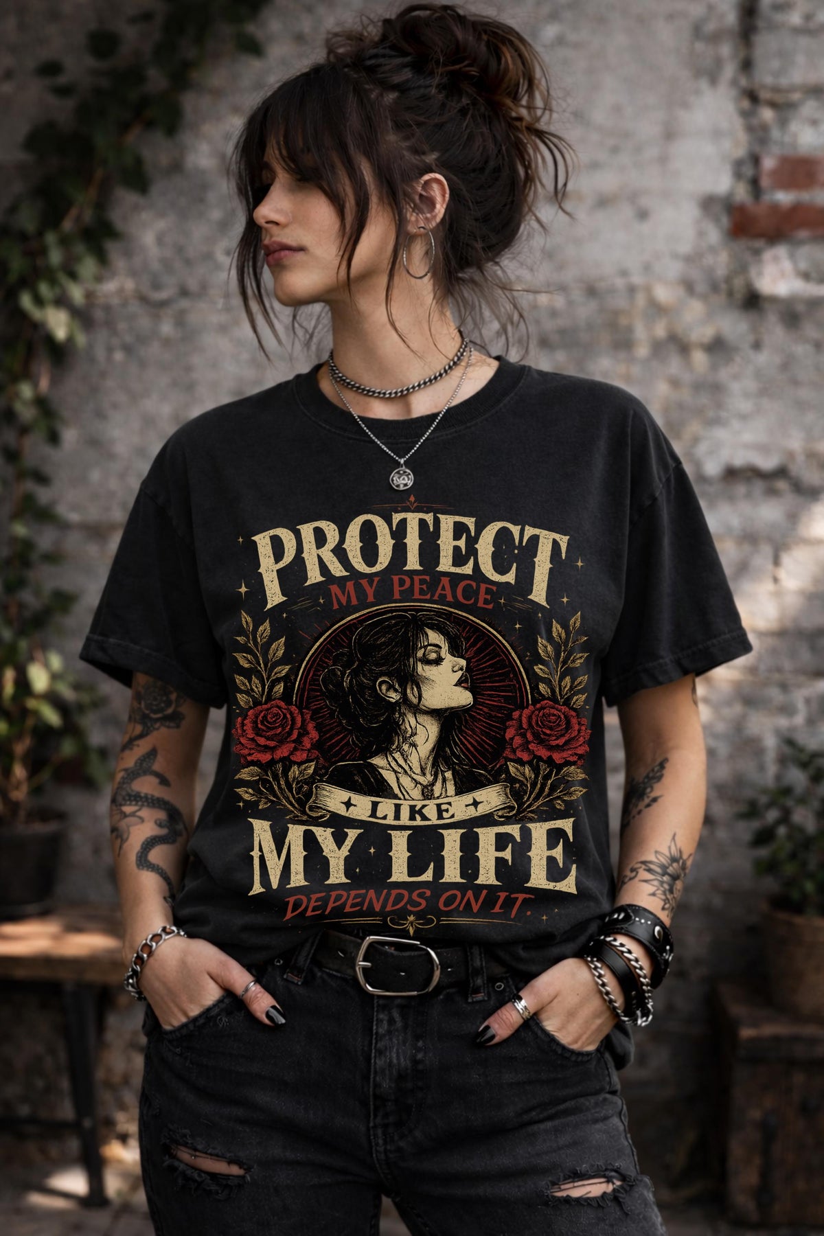 Vintage-inspired shirt featuring the phrase "Protect My Peace Like My Life Depends On It" with gothic floral artwork and an empowering self-care theme.