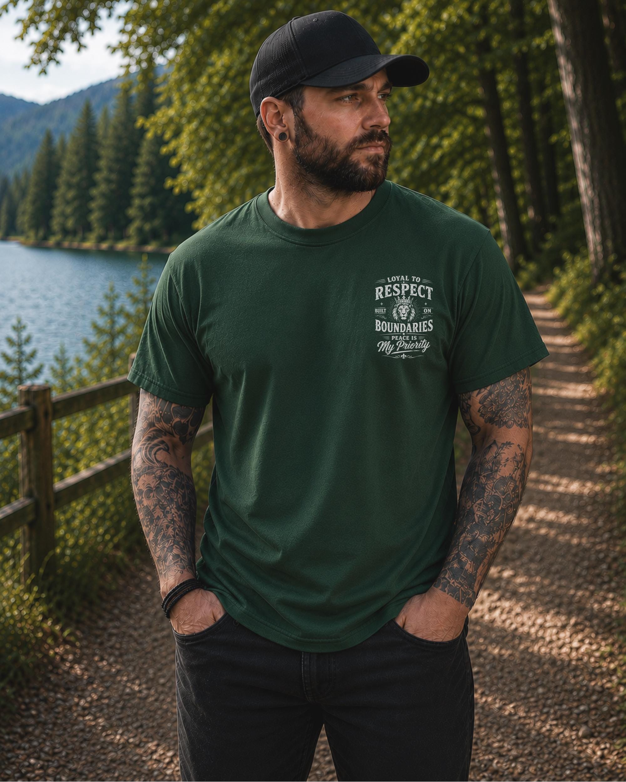 Front view of a shirt featuring the humorous phrase "loyal to respect built on boundaries peace is my priority", and on the back "I'm Friendly But My Wife Isn't" in distressed white typography.