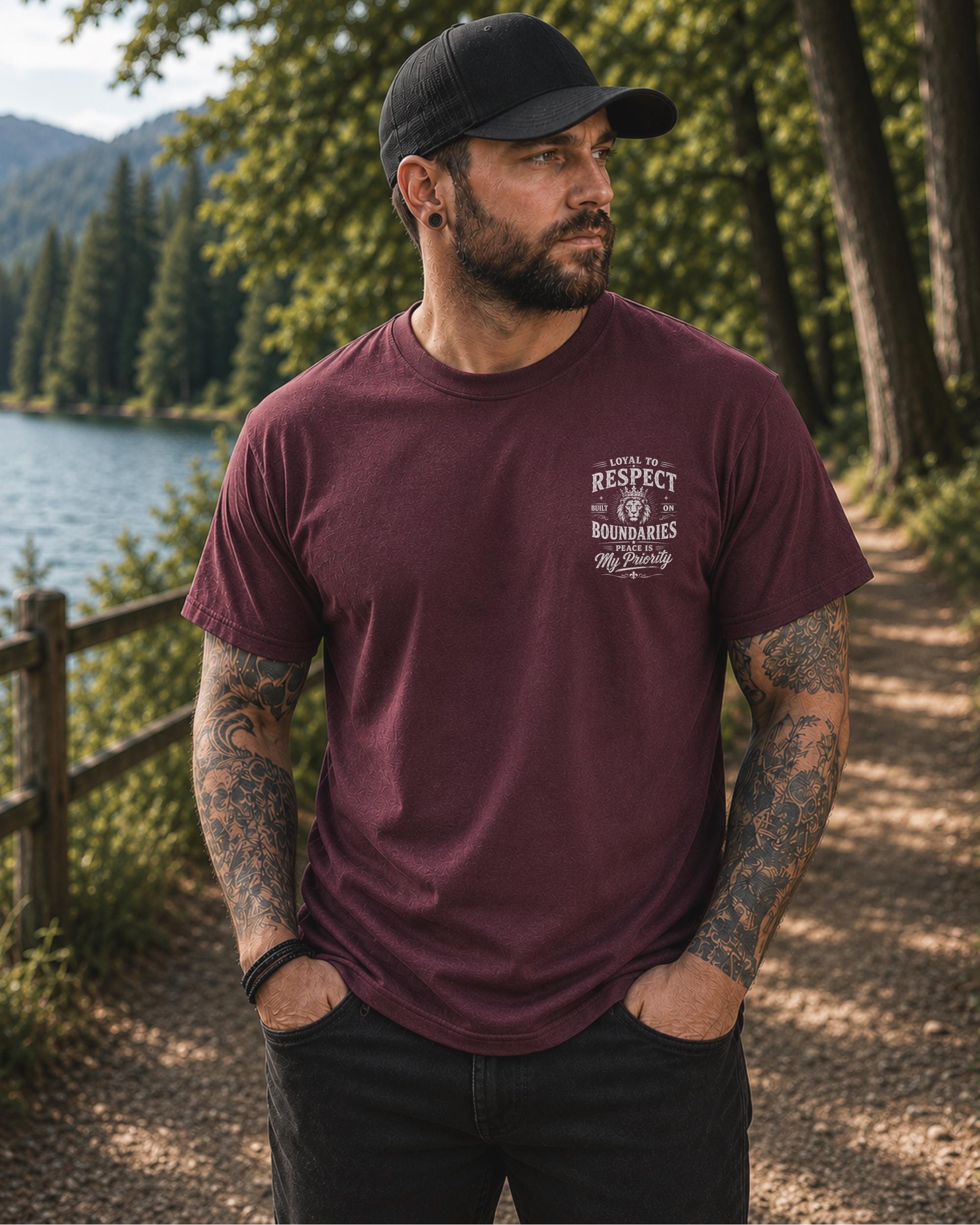 Front view of a shirt featuring the humorous phrase "loyal to respect built on boundaries peace is my priority", and on the back "I'm Friendly But My Wife Isn't" in distressed white typography.