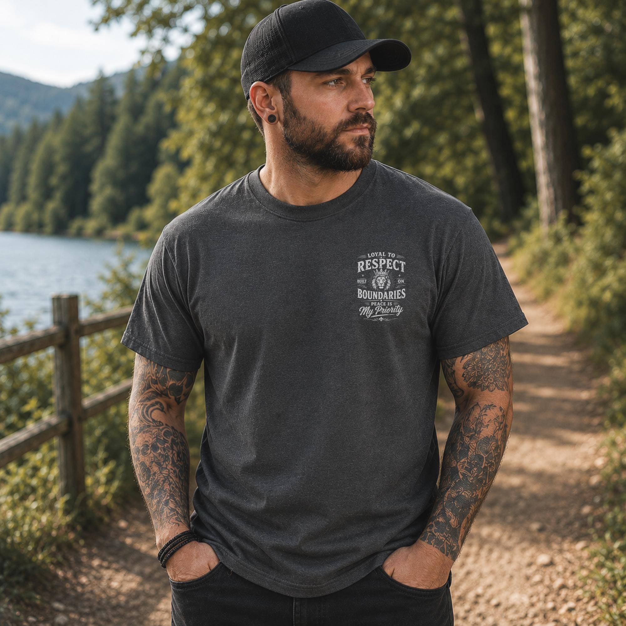 Front view of a shirt featuring the humorous phrase "loyal to respect built on boundaries, peace is my priority", and on the back "I'm Friendly But My Wife Isn't" in distressed white typography.