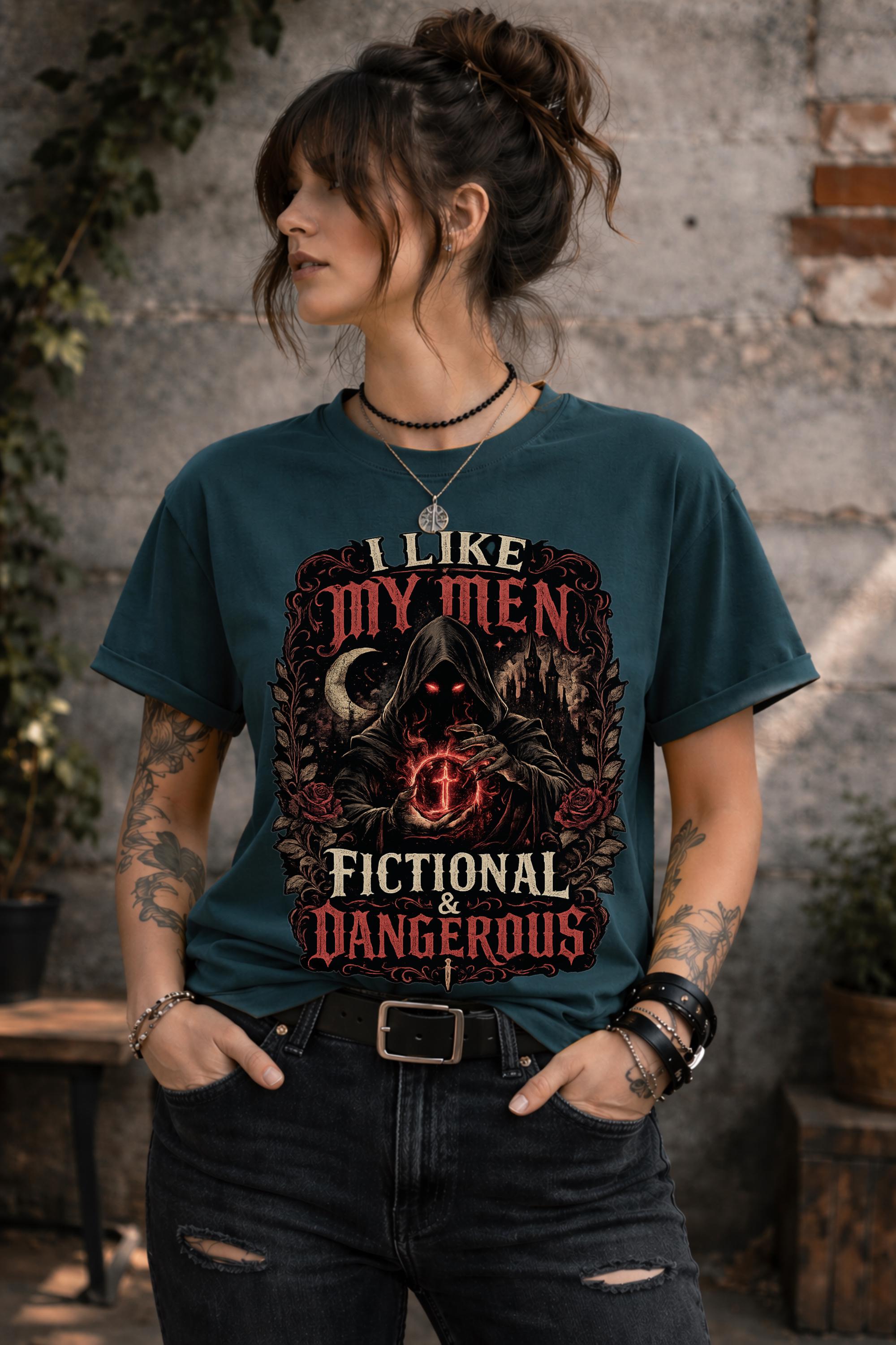 I Like My Men Fictional and Dangerous Tee, Spicy Book Reader Gift for Her