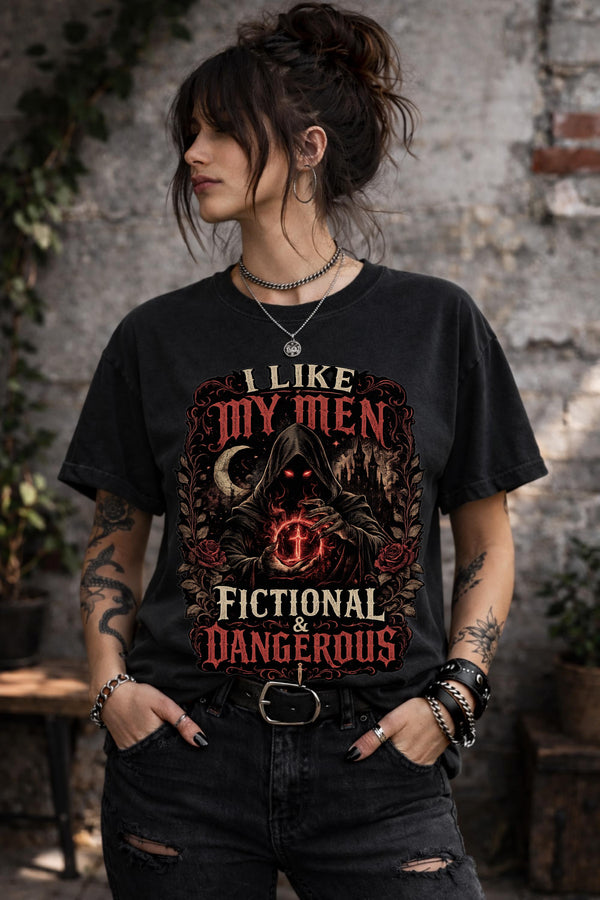 I Like My Men Fictional and Dangerous Shirt, Dark Romance Reader Tee, Gothic Booktok Graphic T-Shirt