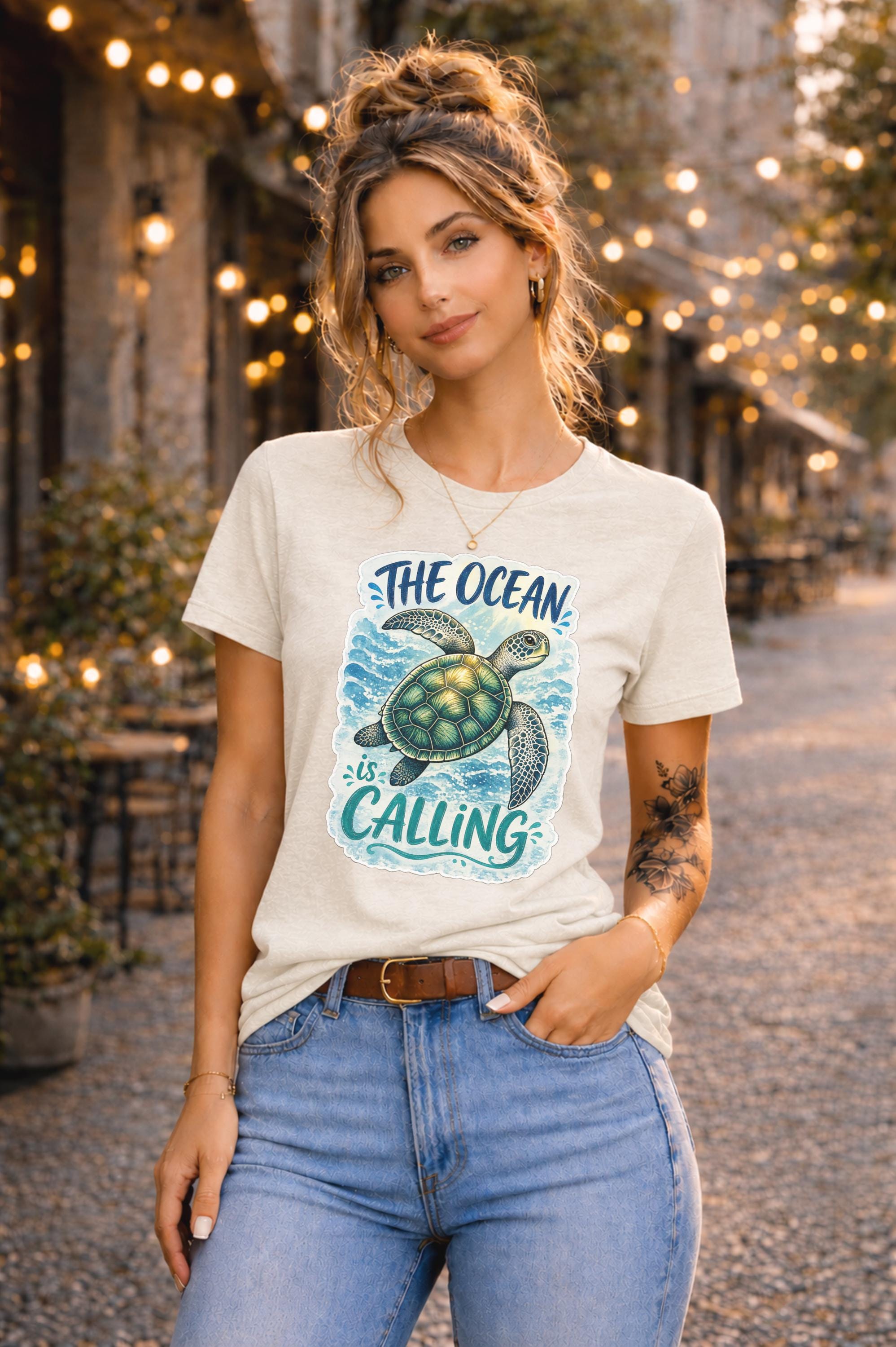 The Ocean Is Calling Shirt with Sea Turtle Graphic and Ocean Waves Design