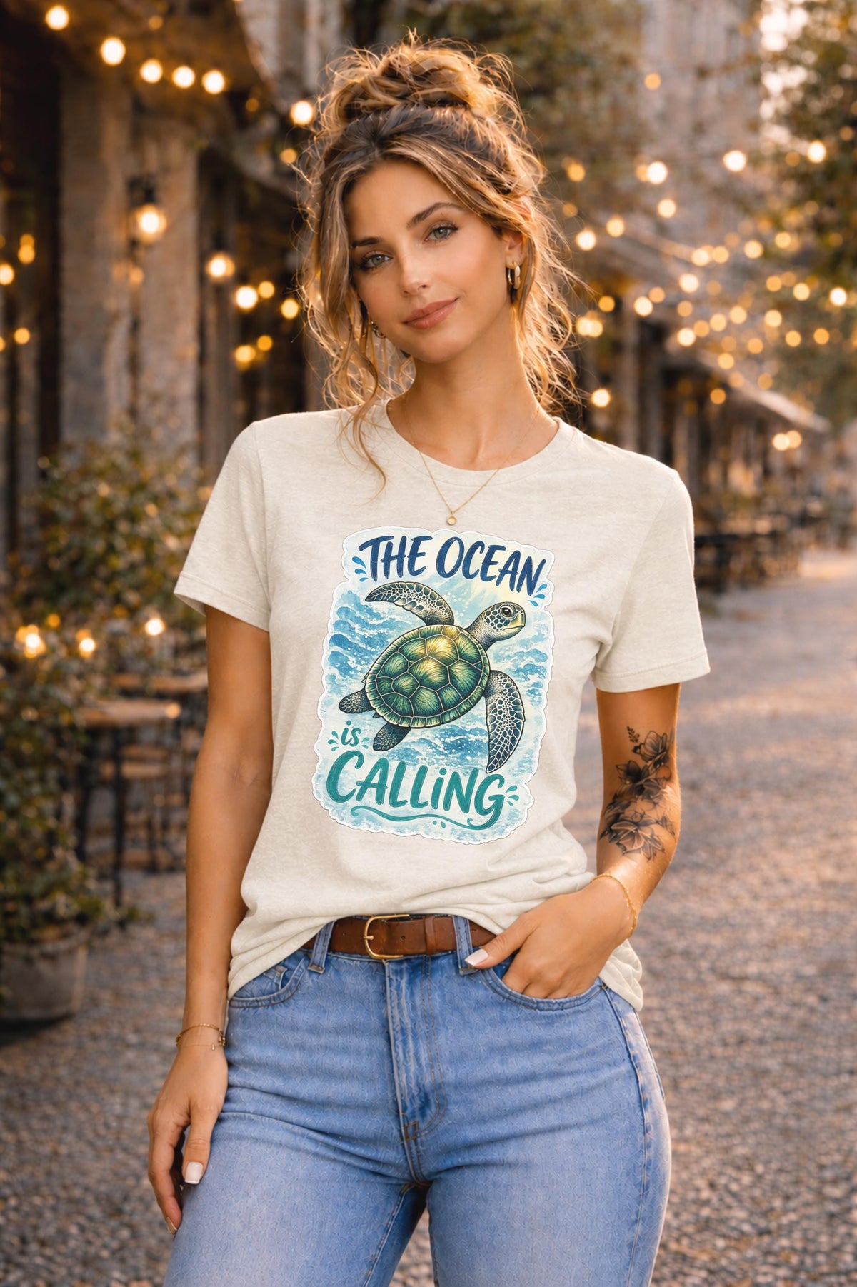 The Ocean Is Calling Shirt with Sea Turtle Graphic and Ocean Waves Design