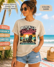 Funny work shirt featuring vacation mode quote