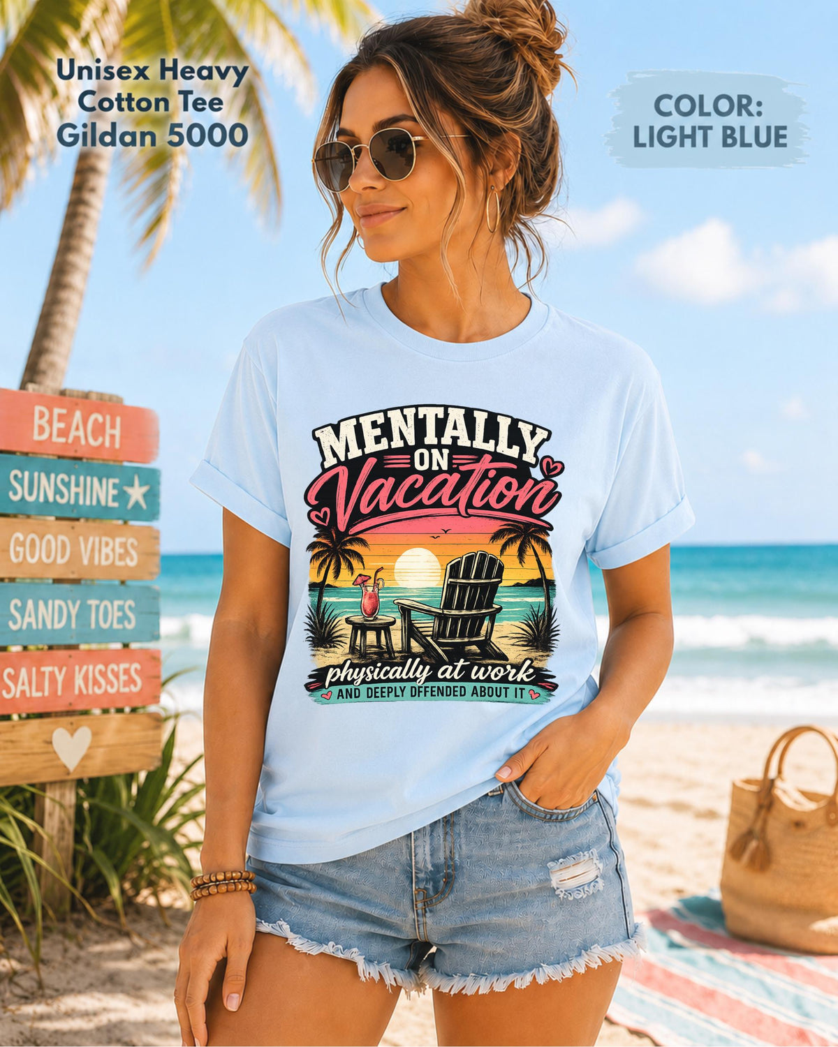 Light blue vacation shirt with tropical sunset design