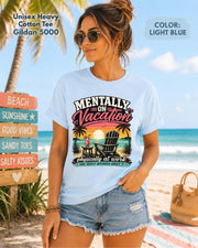 Light blue vacation shirt with tropical sunset design