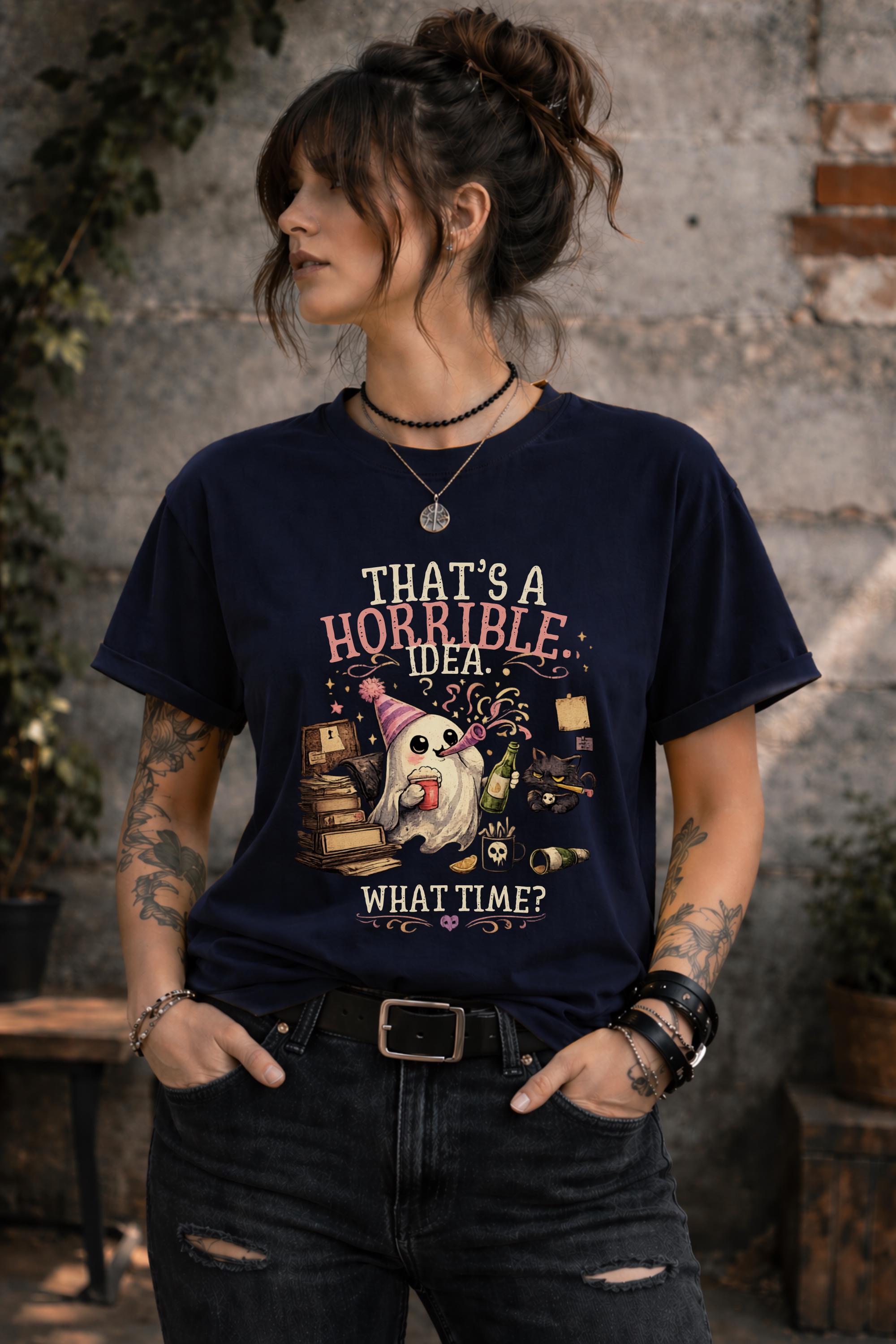Funny Halloween ghost graphic tee with books, snacks, black cat and spooky season design