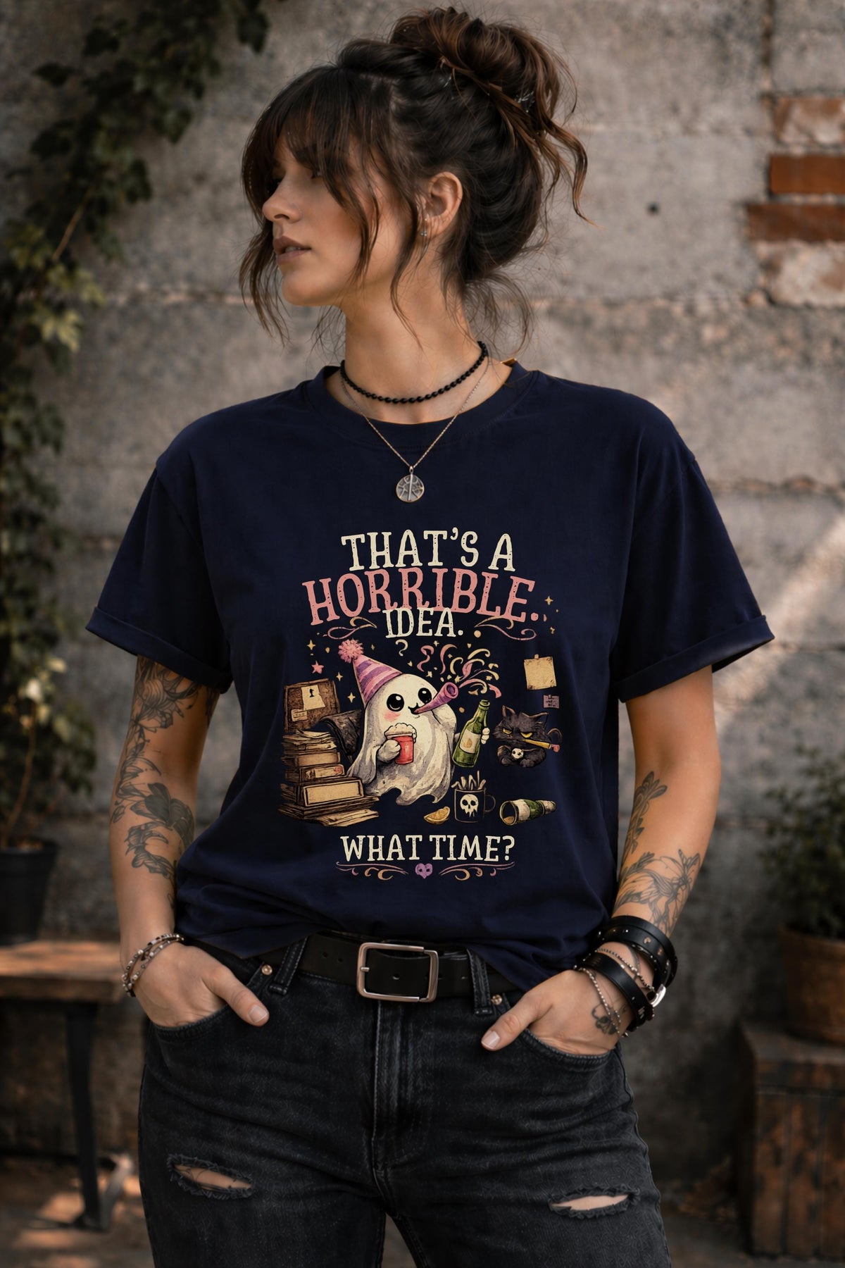 Funny Halloween ghost graphic tee with books, snacks, black cat and spooky season design