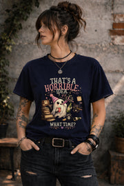 Funny Halloween ghost graphic tee with books, snacks, black cat and spooky season design