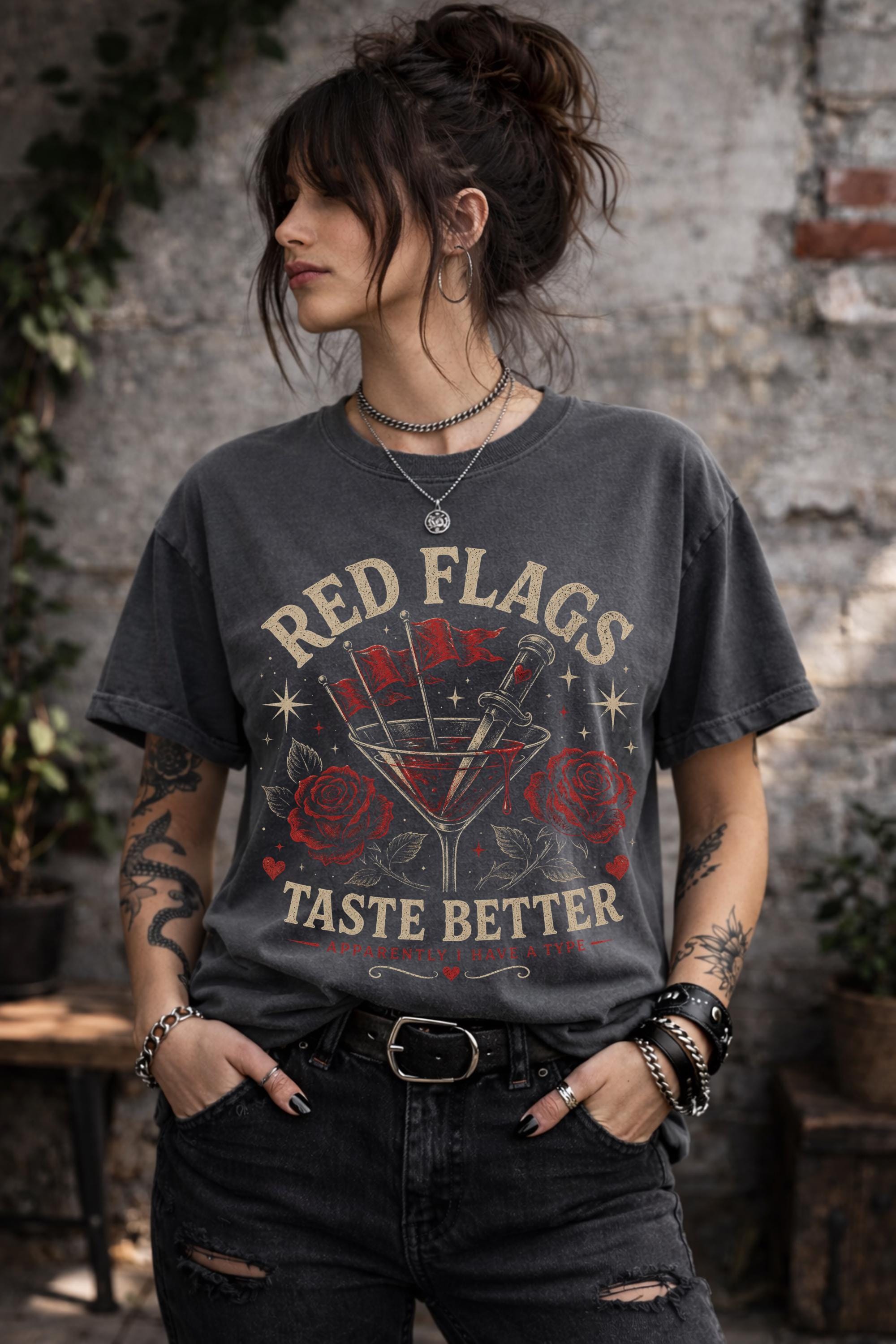Gothic fashion t-shirt featuring roses, warning flags, and bookish romance humor