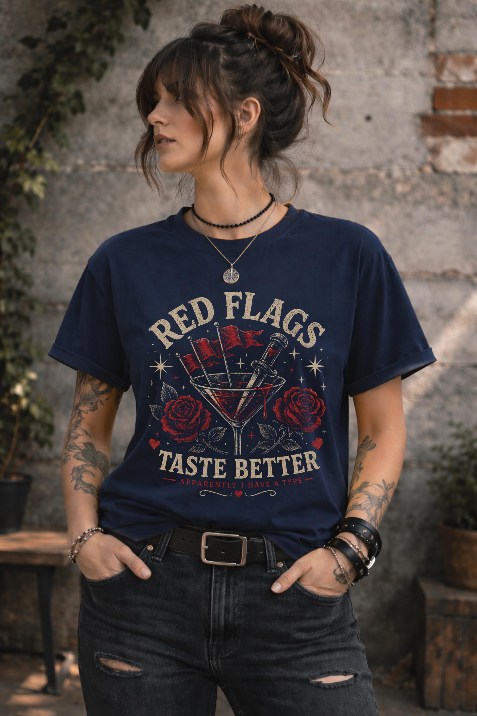 Sarcastic dating humor shirt featuring red flags martini glass and gothic aesthetic design