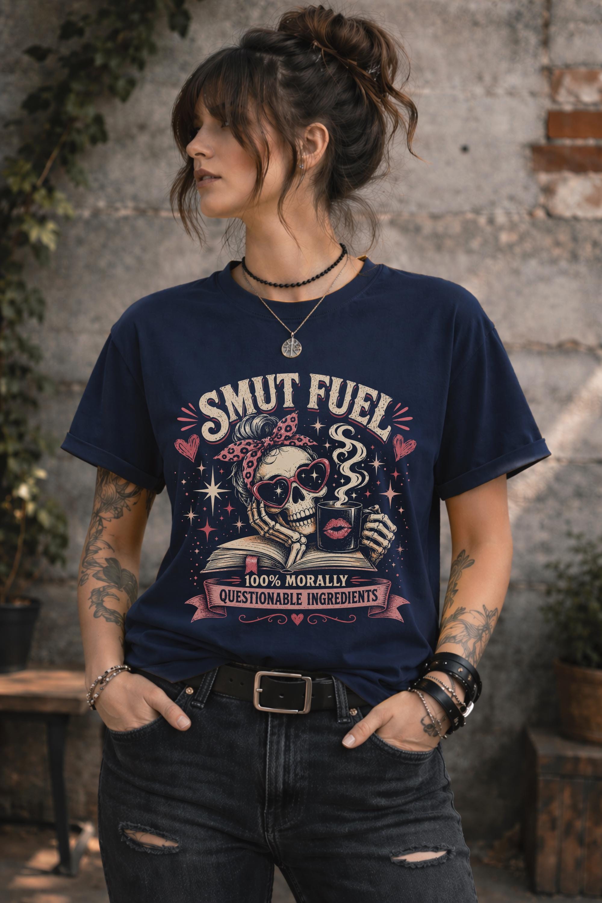 Spicy fiction graphic t-shirt with skeleton character reading novel and drinking coffee