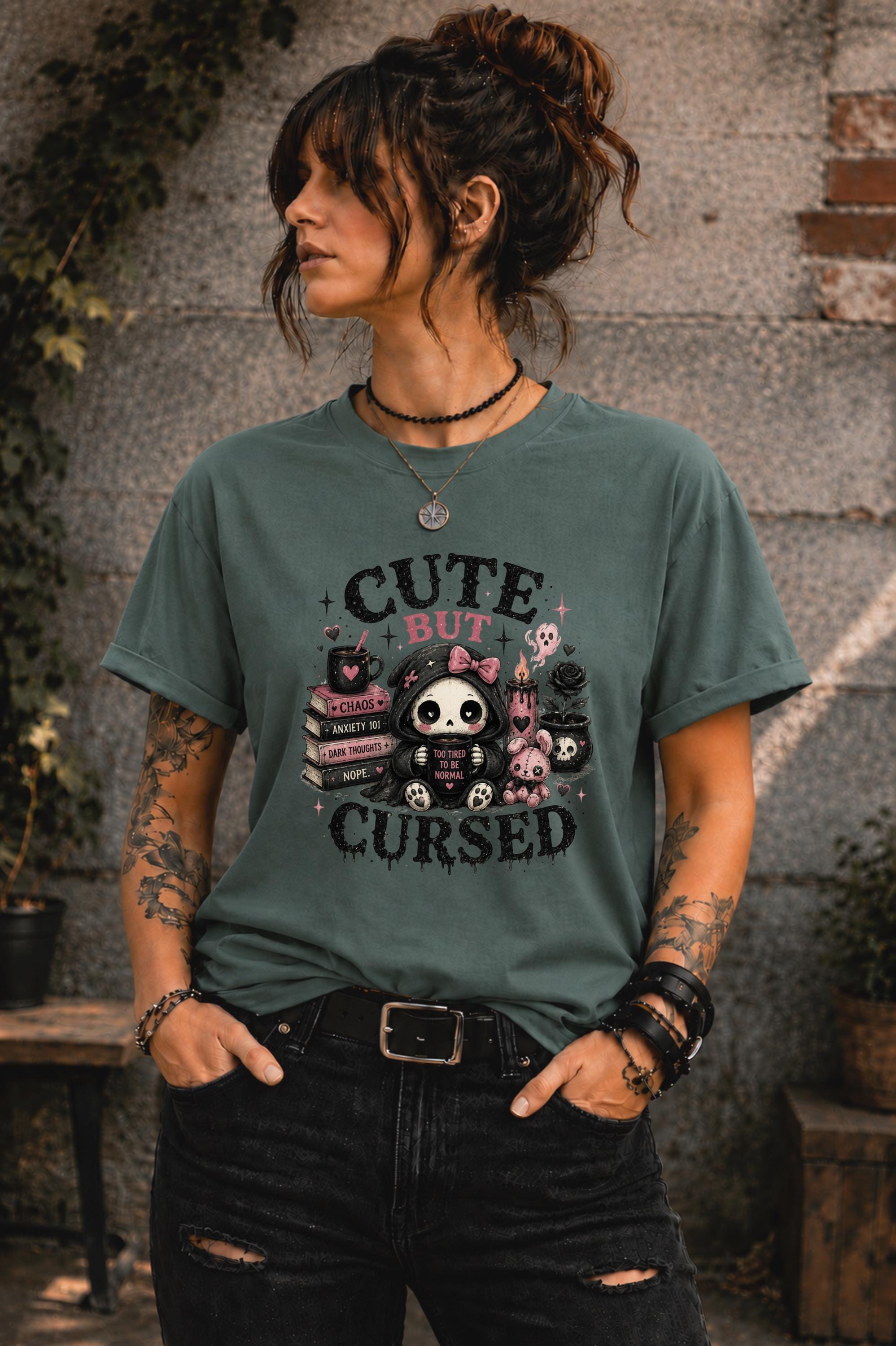 Introvert inspired graphic tee with gothic decor and adorable cursed character