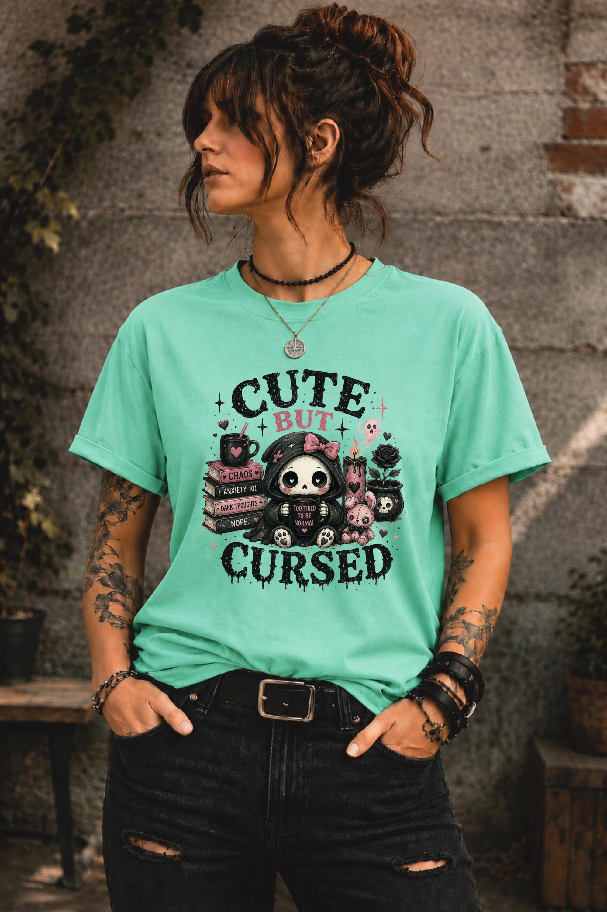 Dark cute aesthetic shirt featuring coffee cup books skulls and spooky charm