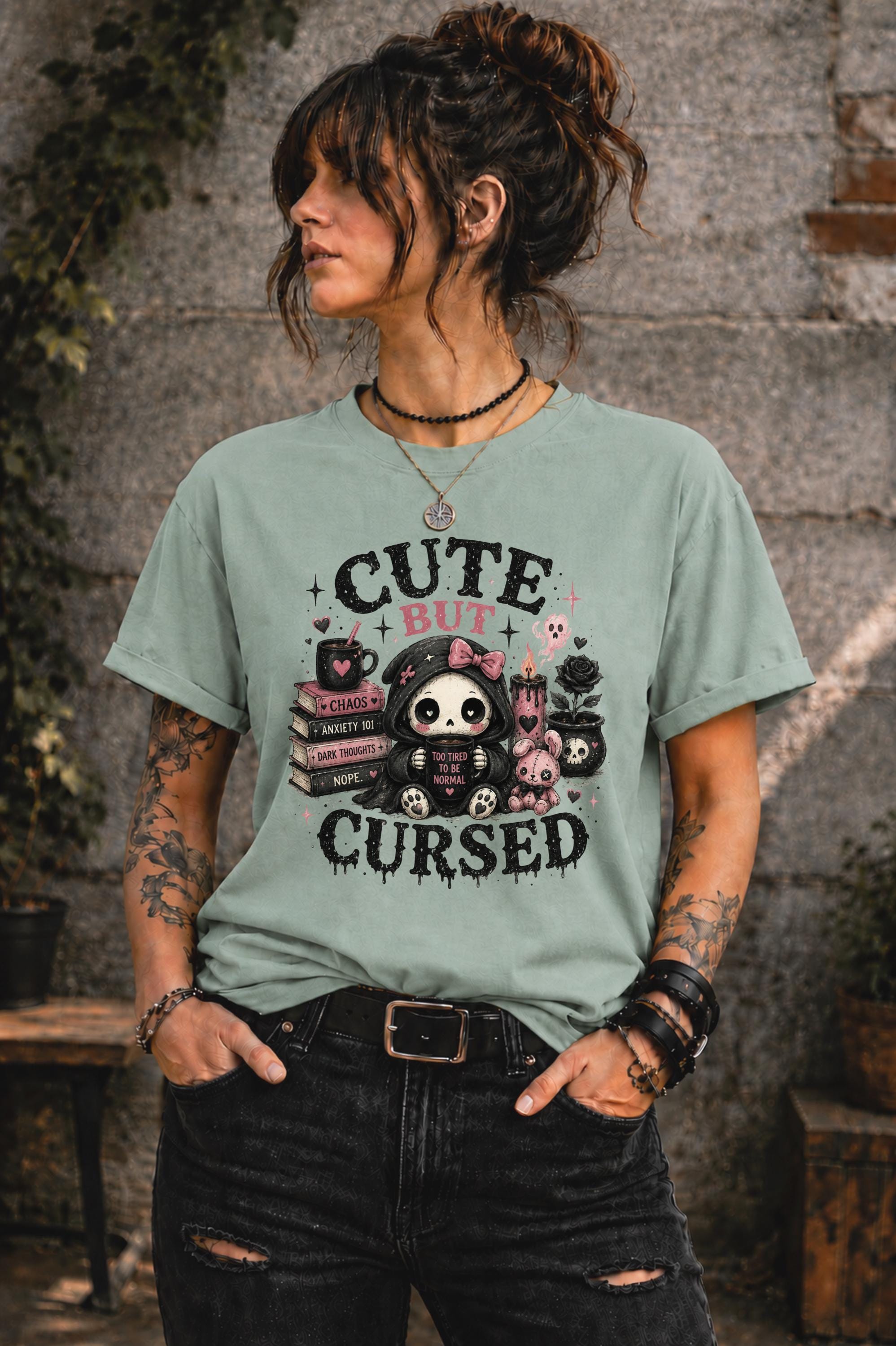 Gothic kawaii design featuring books anxiety humor candles and whimsical dark artwork