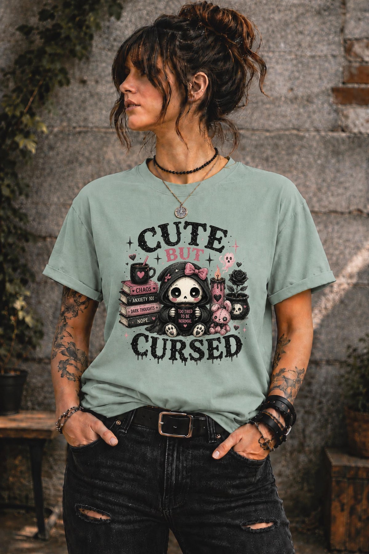 Gothic kawaii design featuring books anxiety humor candles and whimsical dark artwork