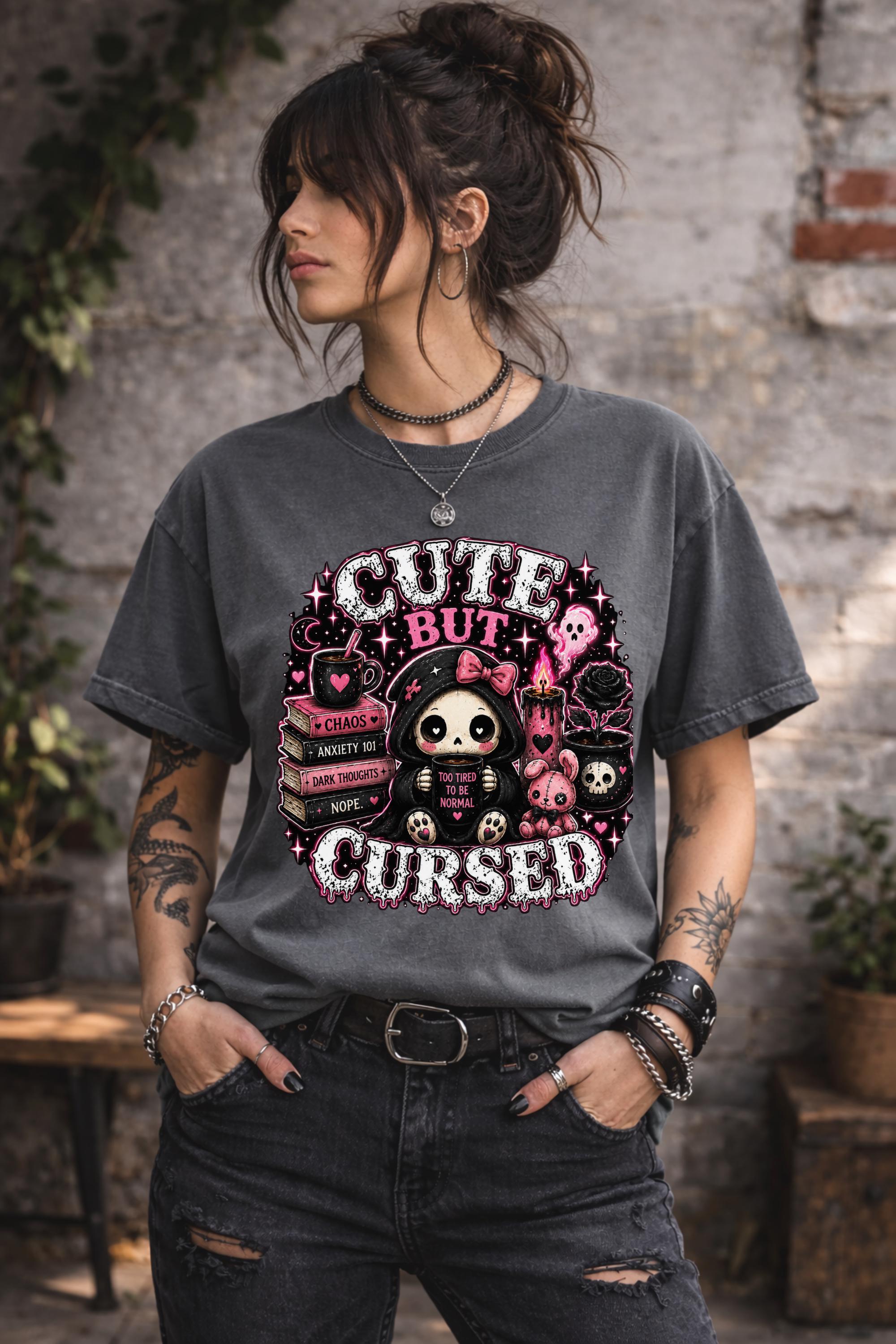 Halloween inspired graphic tee with coffee books stars and creepy cute illustration