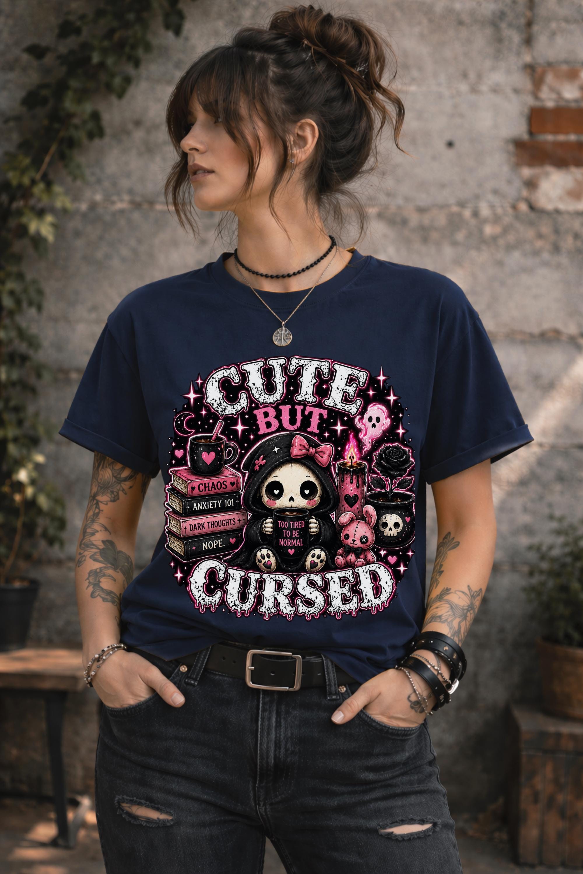 Gothic aesthetic shirt featuring adorable dark character and whimsical spooky decor