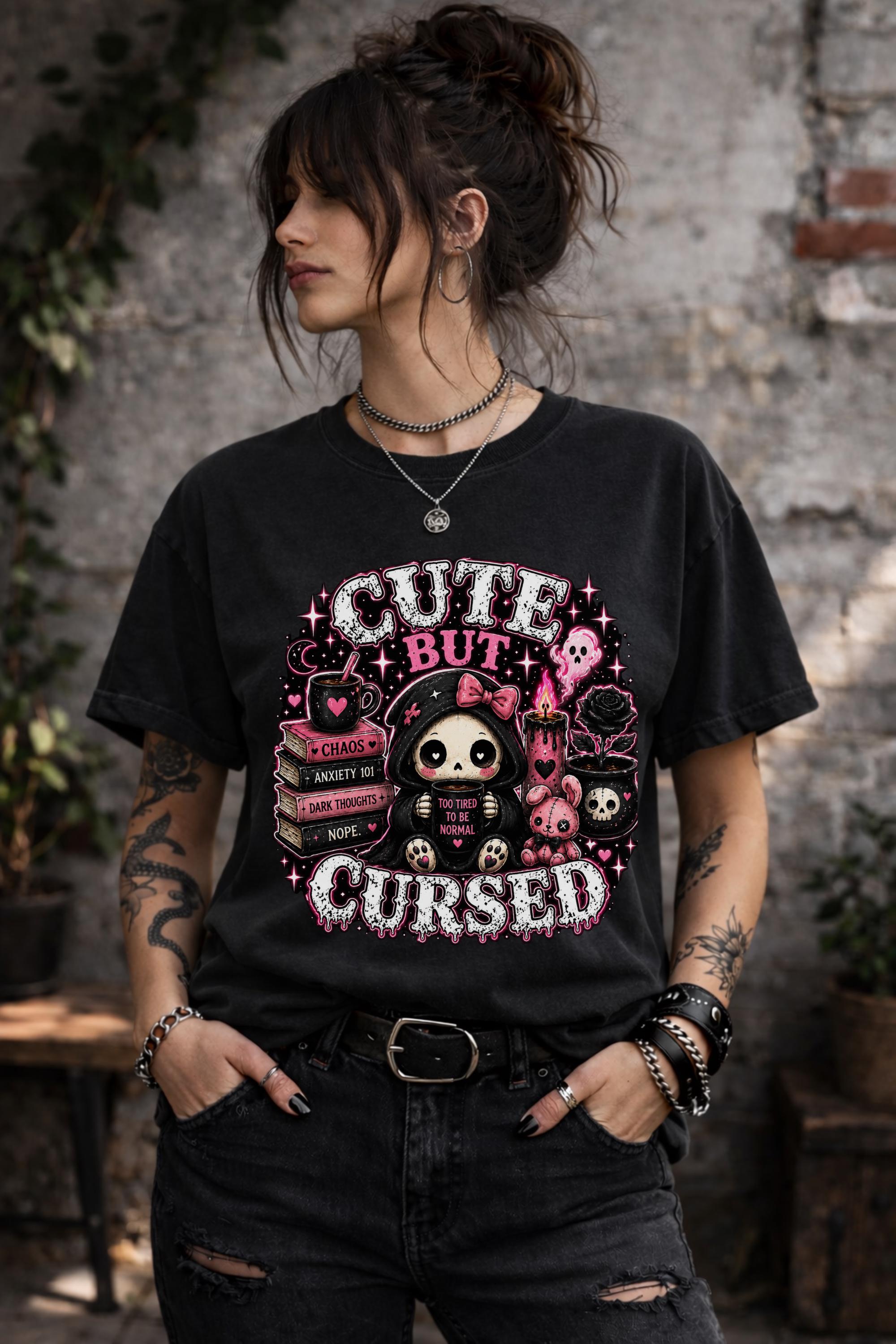 Alternative fashion tee with spooky cute artwork books candles skulls and pink accents