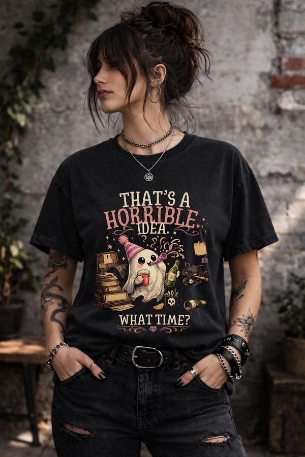 Funny ghost Halloween shirt with quote That's A Horrible Idea What Time and cute party ghost illustration