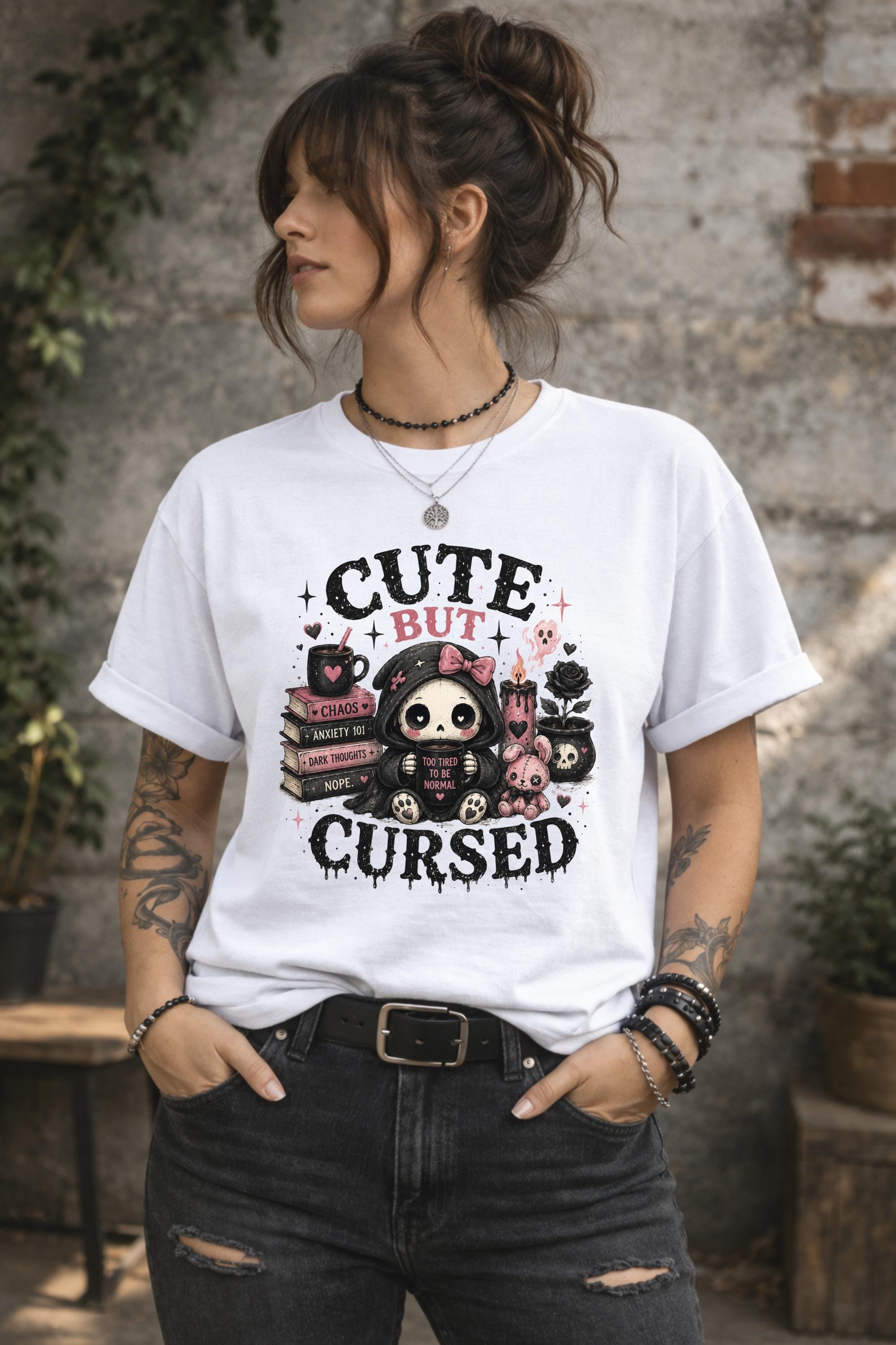 Cute But Cursed graphic tee featuring kawaii grim reaper holding coffee mug with gothic decor