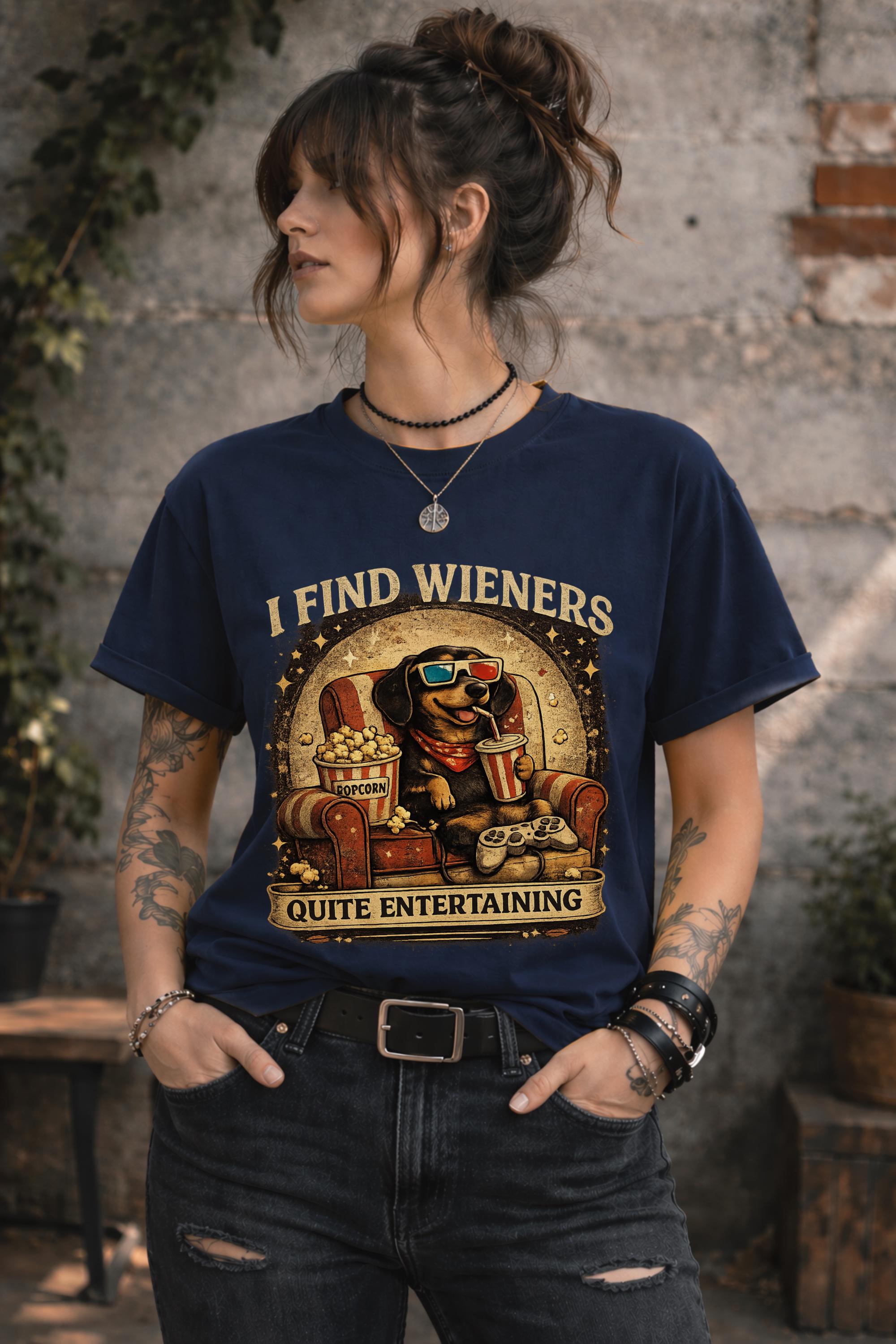 Wiener dog humor tee with retro vintage artwork and entertaining pet theme