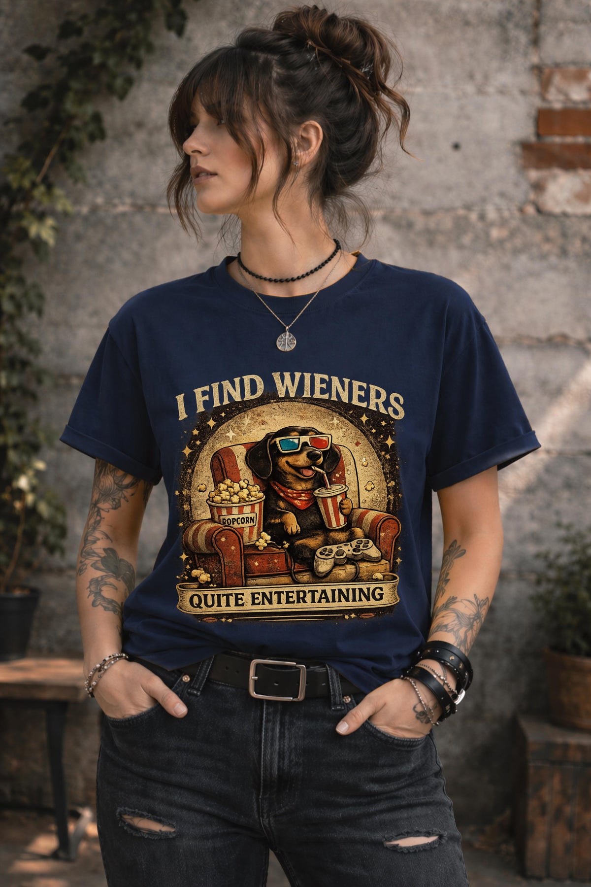Wiener dog humor tee with retro vintage artwork and entertaining pet theme