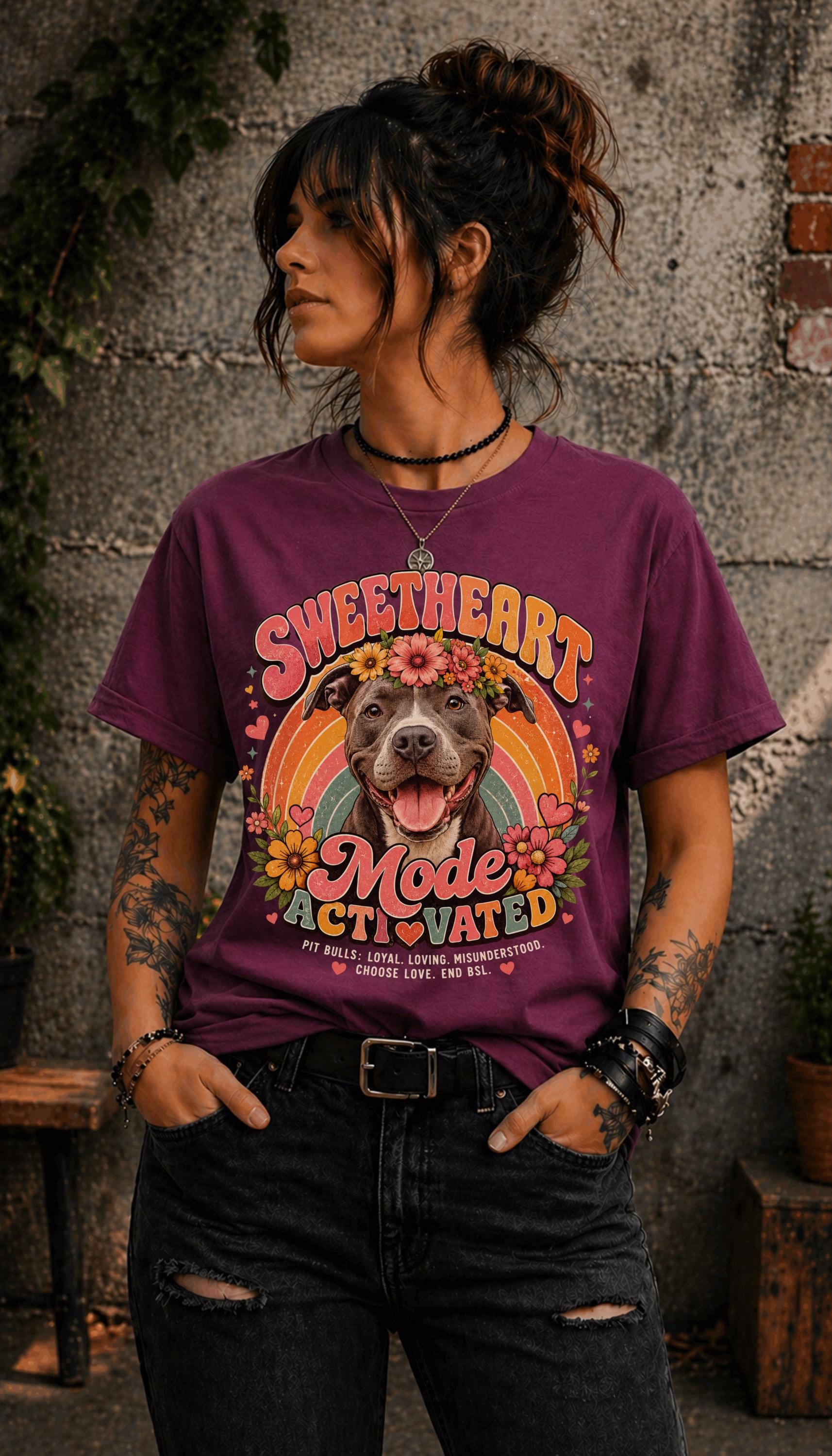 Dog mom graphic tee featuring happy Pit Bull portrait and vintage flowers