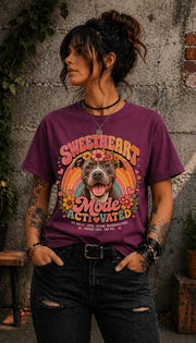 Dog mom graphic tee featuring happy Pit Bull portrait and vintage flowers